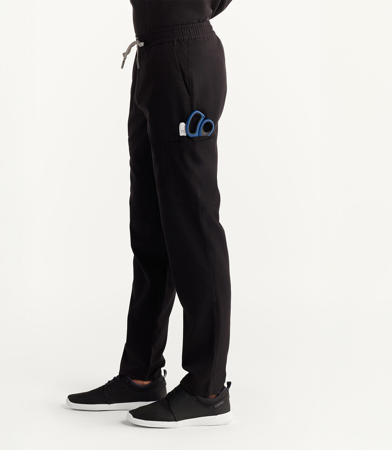 Men Black 11 Pocket Scrubs Stretch Fabric Util Tech Bottom Left Leg Focus