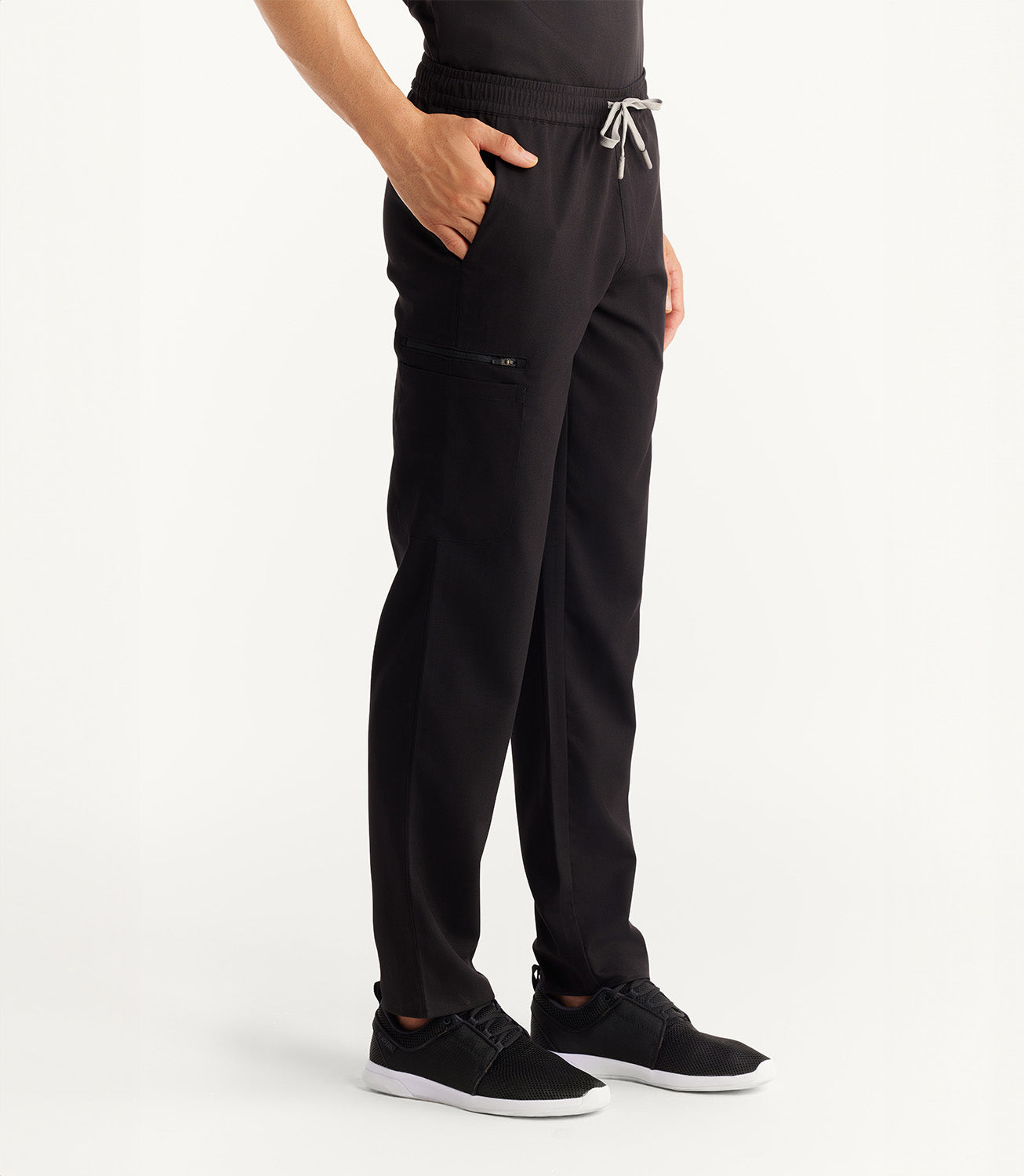 Men Black 11 Pocket Scrubs Stretch Fabric Util Tech Bottom Right Leg Focus