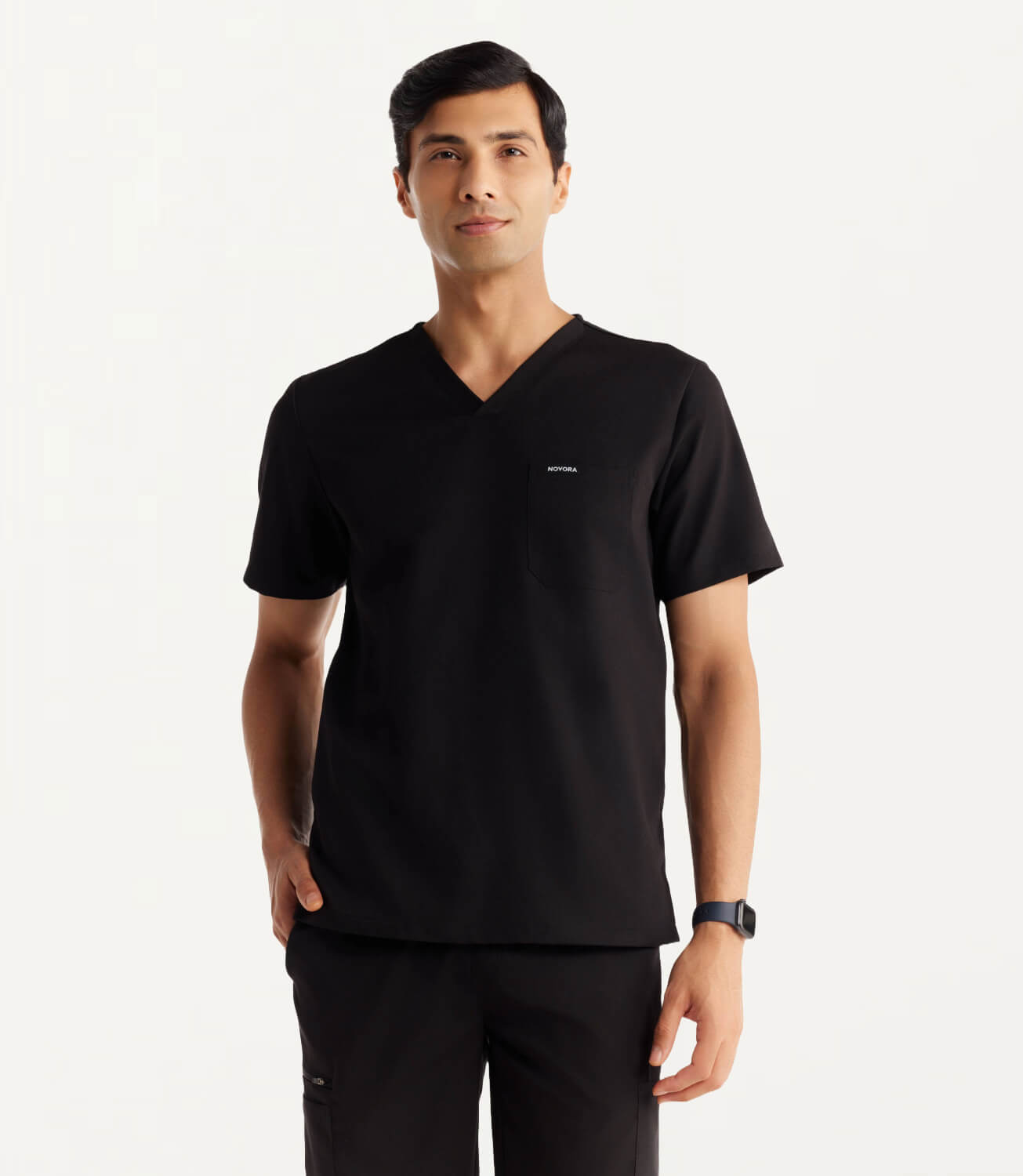 Men Black 11 Pocket Scrubs Stretch Fabric Util Tech Front Focus