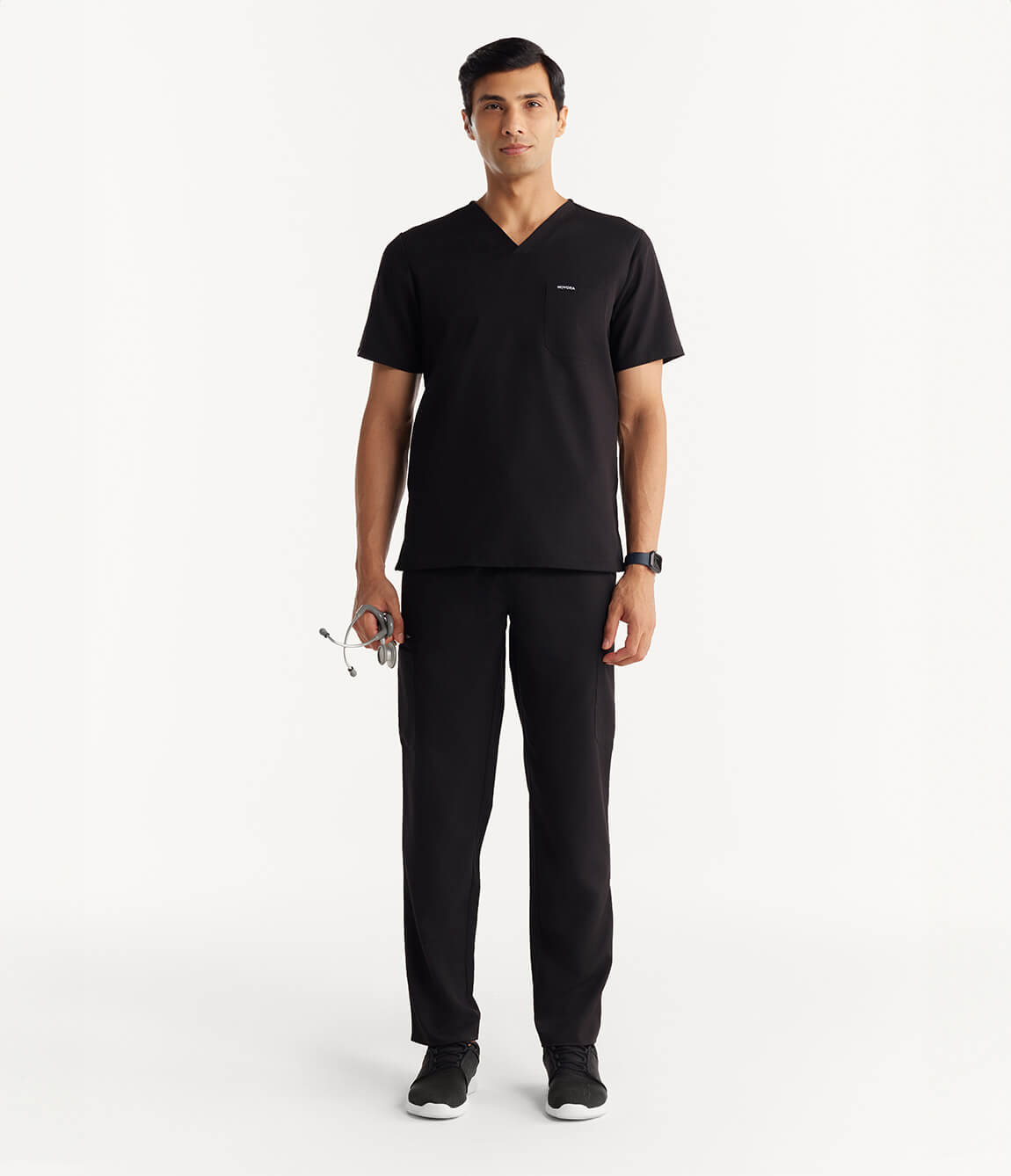Men Black 11 Pocket Scrubs Stretch Fabric Util Tech Full Front