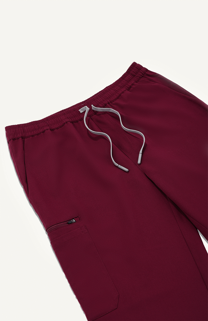 Men Burgundy 11 Pocket Scrubs Stretch Fabric Util Tech Zip Pocket Focus