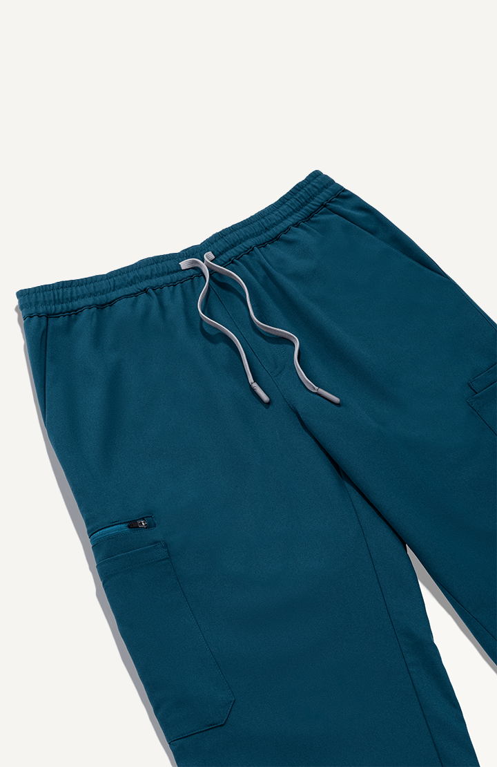 Men Caribbean Blue 11 Pocket Scrubs Stretch Fabric Util Tech Zip Pocket Focus