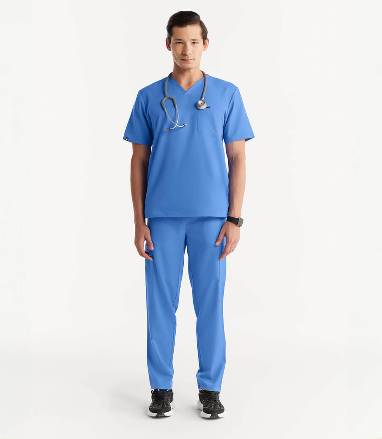 Men Ceil Blue 11 Pocket Scrubs Stretch Fabric Util Tech Full Front