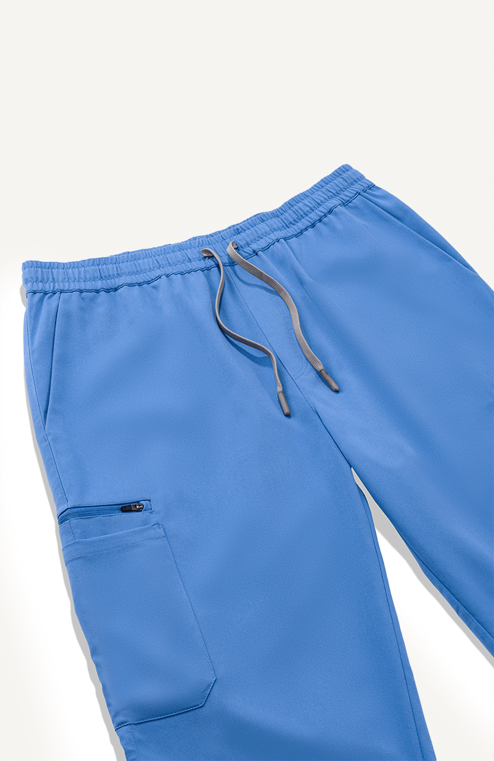 Men Ceil Blue 11 Pocket Scrubs Stretch Fabric Util Tech Zip Pocket Focus