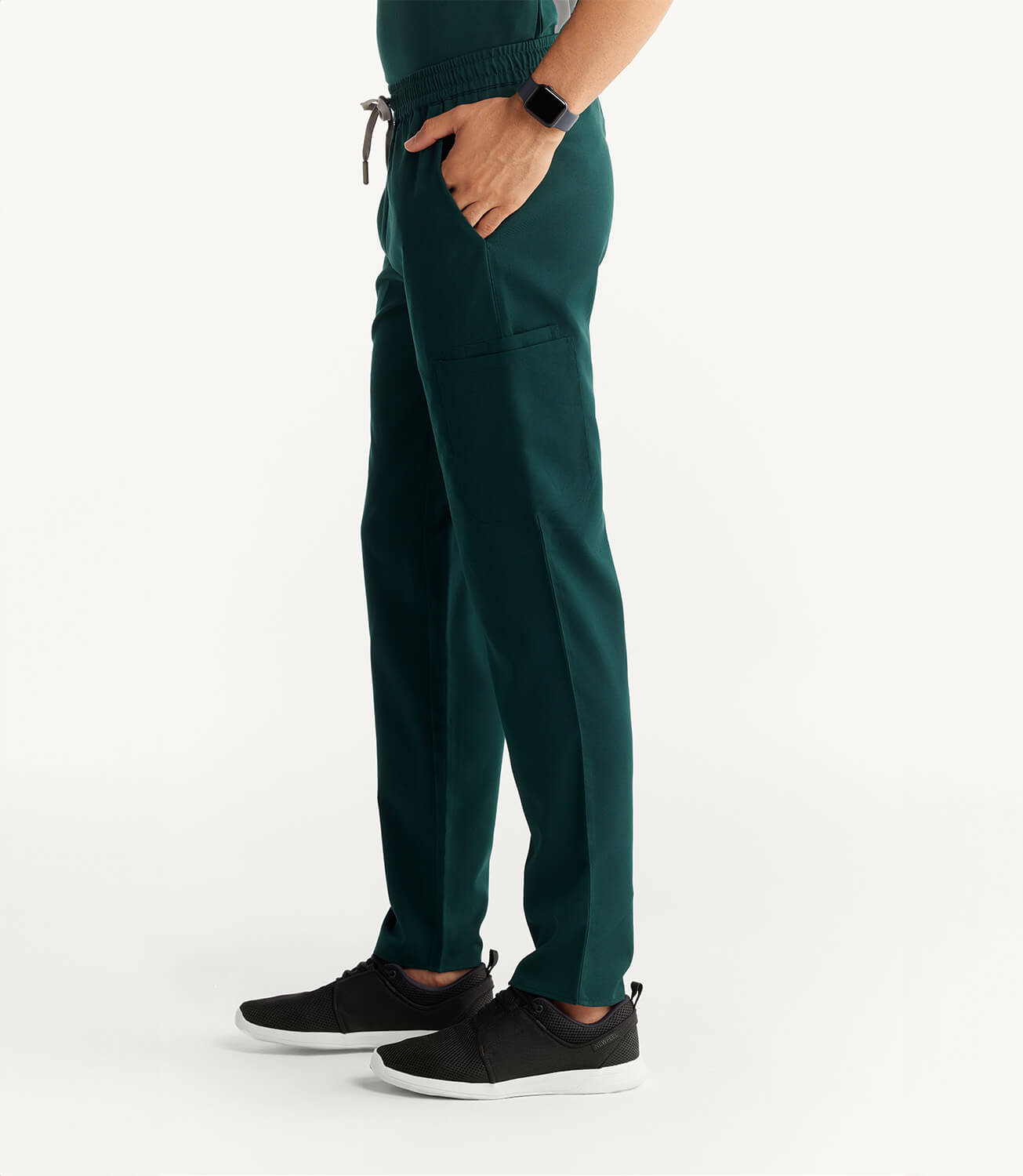 Men Forest Green 11 Pocket Scrubs Stretch Fabric Util Tech Bottom Left Leg Focus