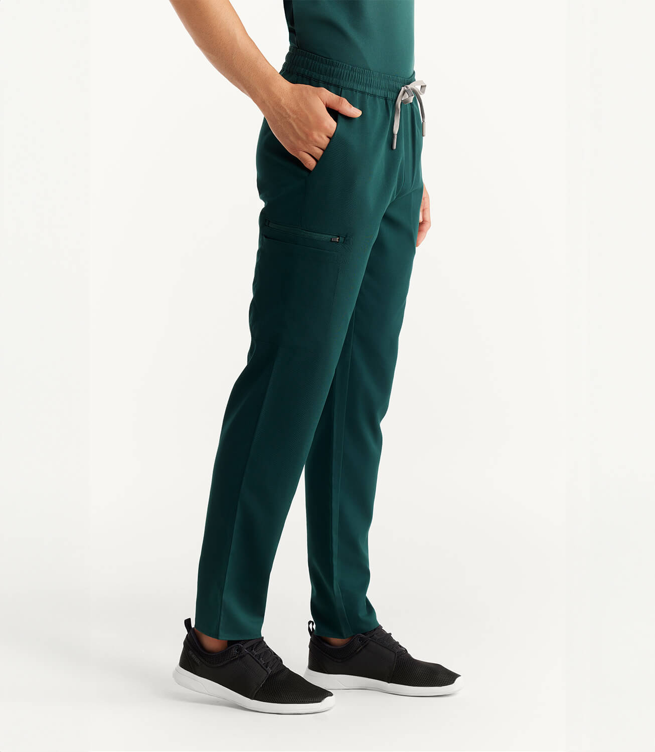 Men Forest Green 11 Pocket Scrubs Stretch Fabric Util Tech Bottom Right Leg Focus