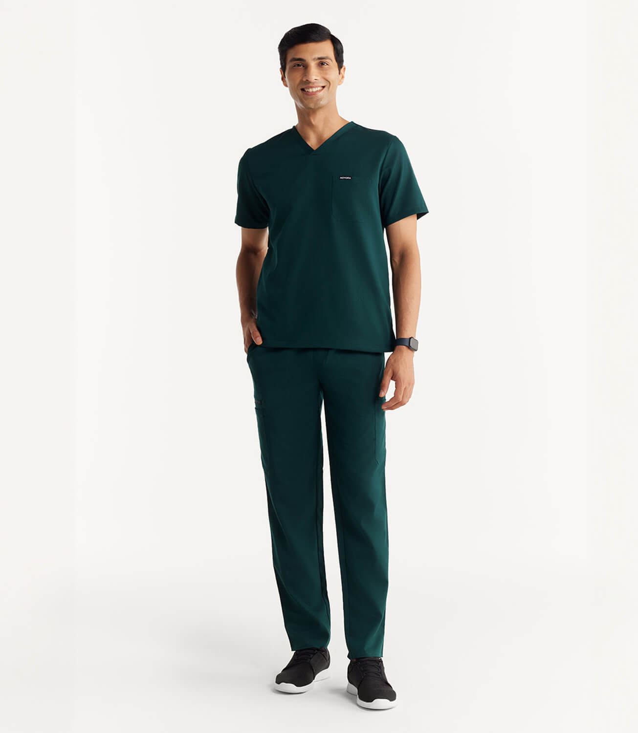 Men Forest Green 11 Pocket Scrubs Stretch Fabric Util Tech Full Front