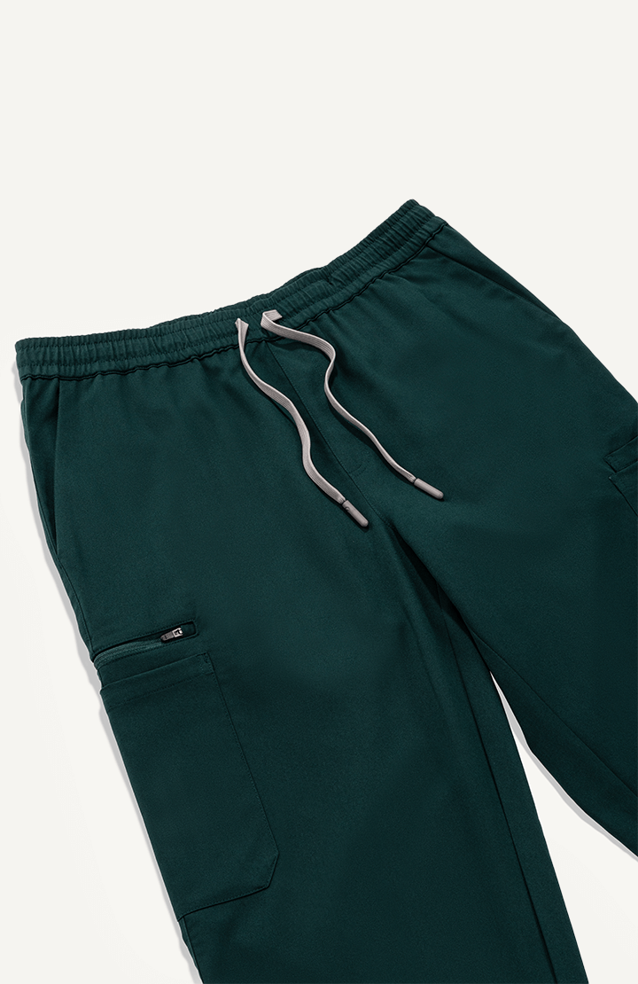 Men Forest Green 11 Pocket Scrubs Stretch Fabric Util Tech Zip Pocket Focus