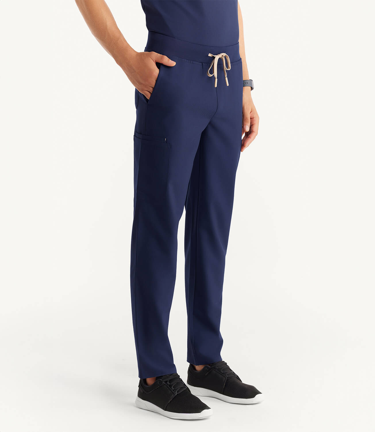 Men Midnight Blue 11 Pocket Scrubs Stretch Fabric Eco Tech Bottom Right Leg Focus