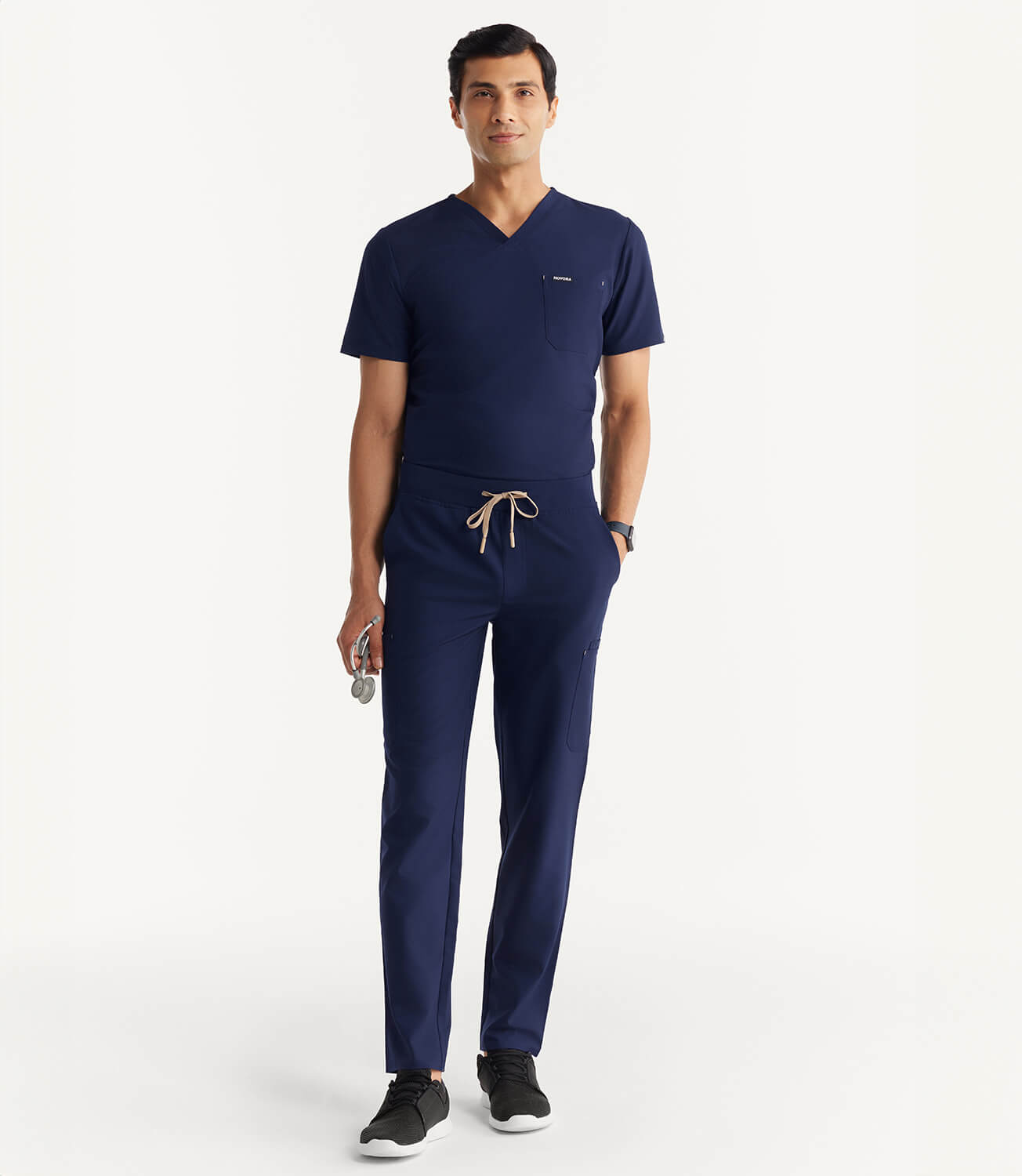 Men Midnight Blue 11 Pocket Scrubs Stretch Fabric Eco Tech Full Front