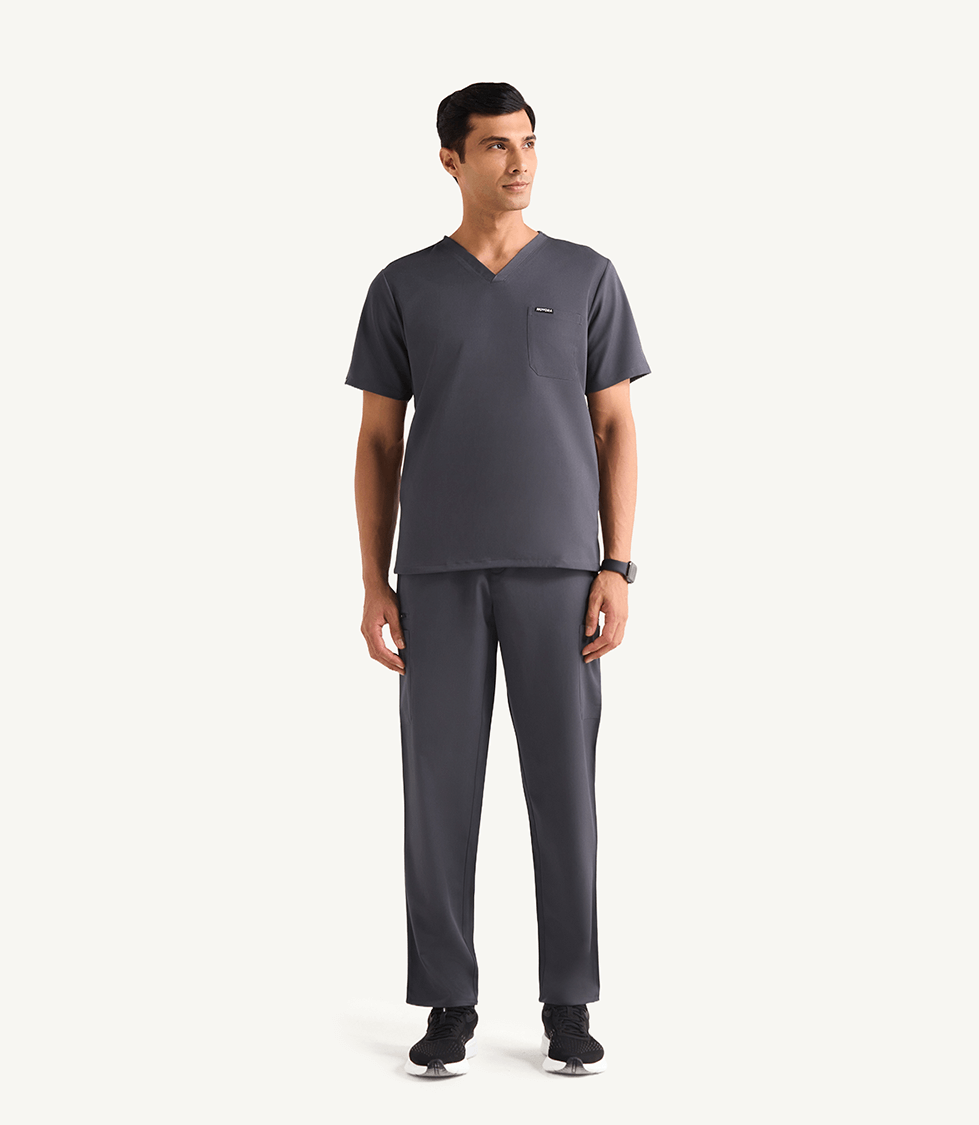 Men Slate Grey 11 Pocket Scrubs Stretch Fabric Util Tech Full Front