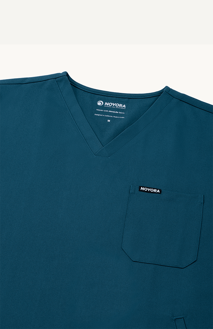 Men Women Caribbean Blue 5 Pocket Scrubs Stretch Fabric Technical Label Focus