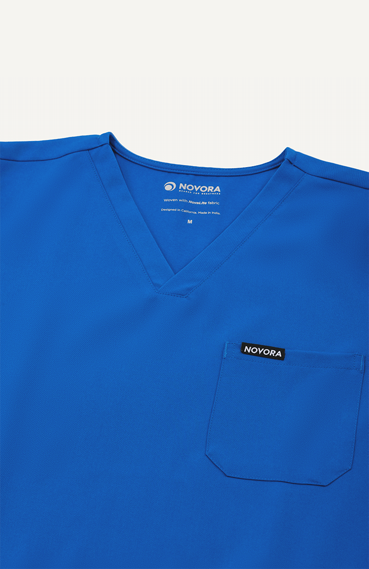 Men Women Electric Blue 5 Pocket Scrubs Stretch Fabric Technical Label Focus