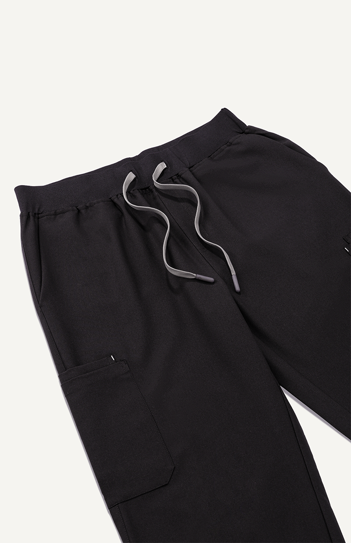 Men Women Midnight Black 11 Pocket Scrubs Stretch Fabric Util Tech Waistband Focus