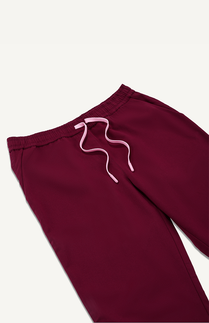 Women Burgundy 5 Pocket Scrubs Stretch Fabric Technical Drawstring Focus