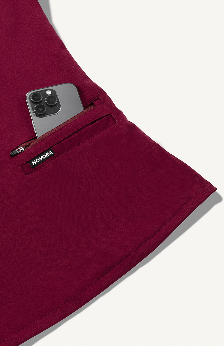 Women Burgundy 11 Pocket Scrubs Stretch Fabric Util Tech Zip Pocket Focus