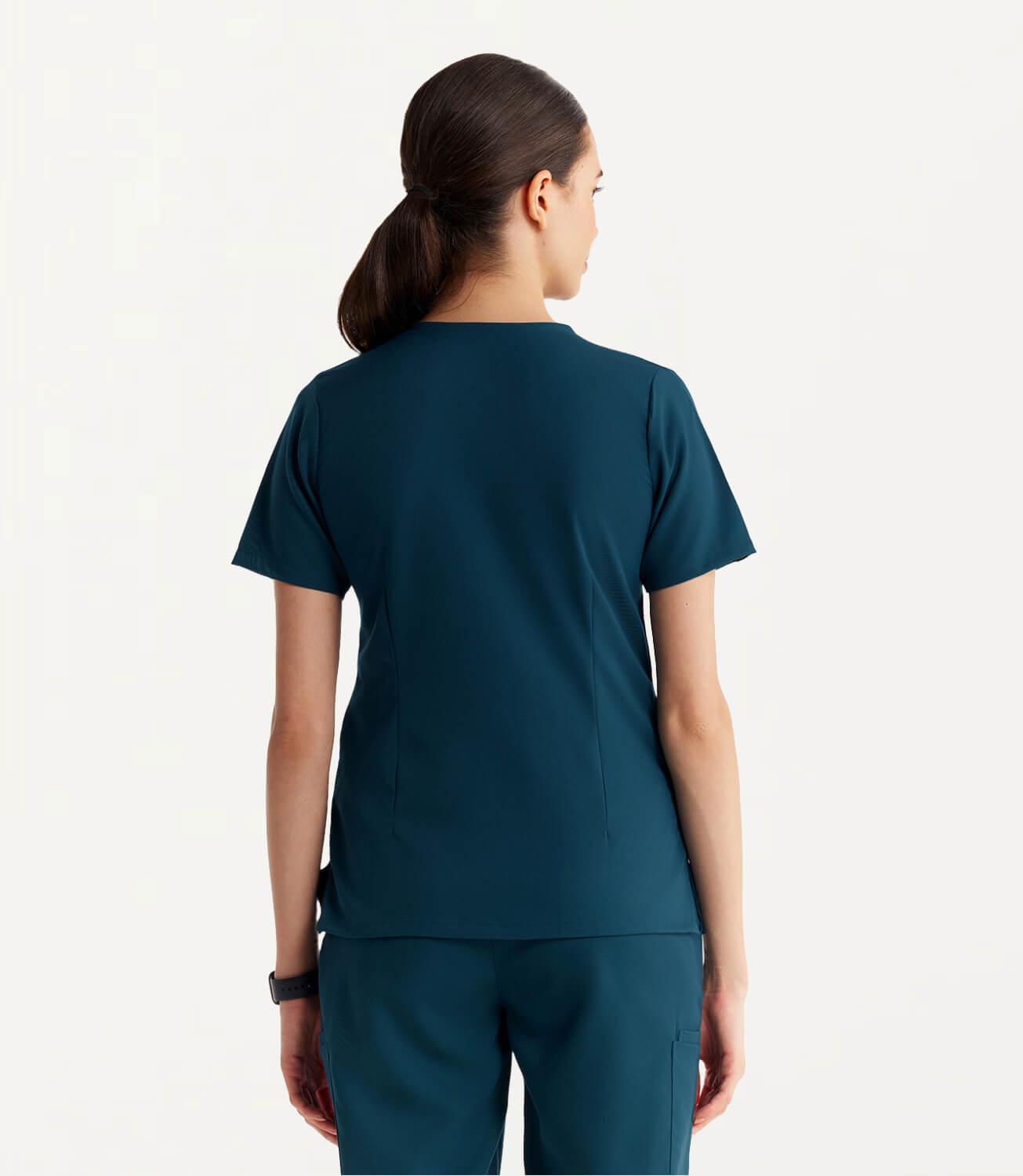 Women Caribbean Blue 11 Pocket Scrubs Stretch Fabric Util Tech Back Focus