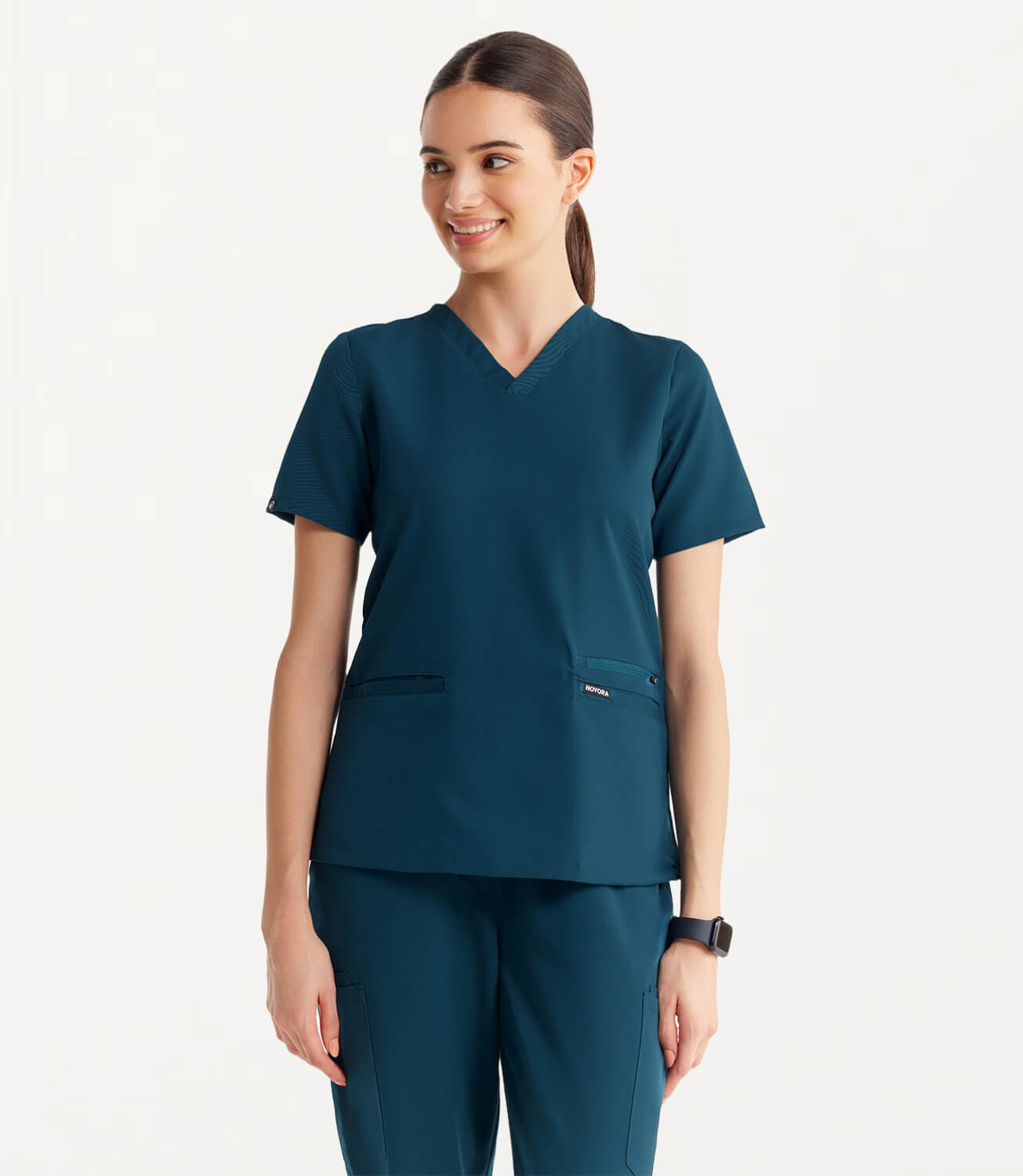 Women Caribbean Blue 11 Pocket Scrubs Stretch Fabric Util Tech Front Focus