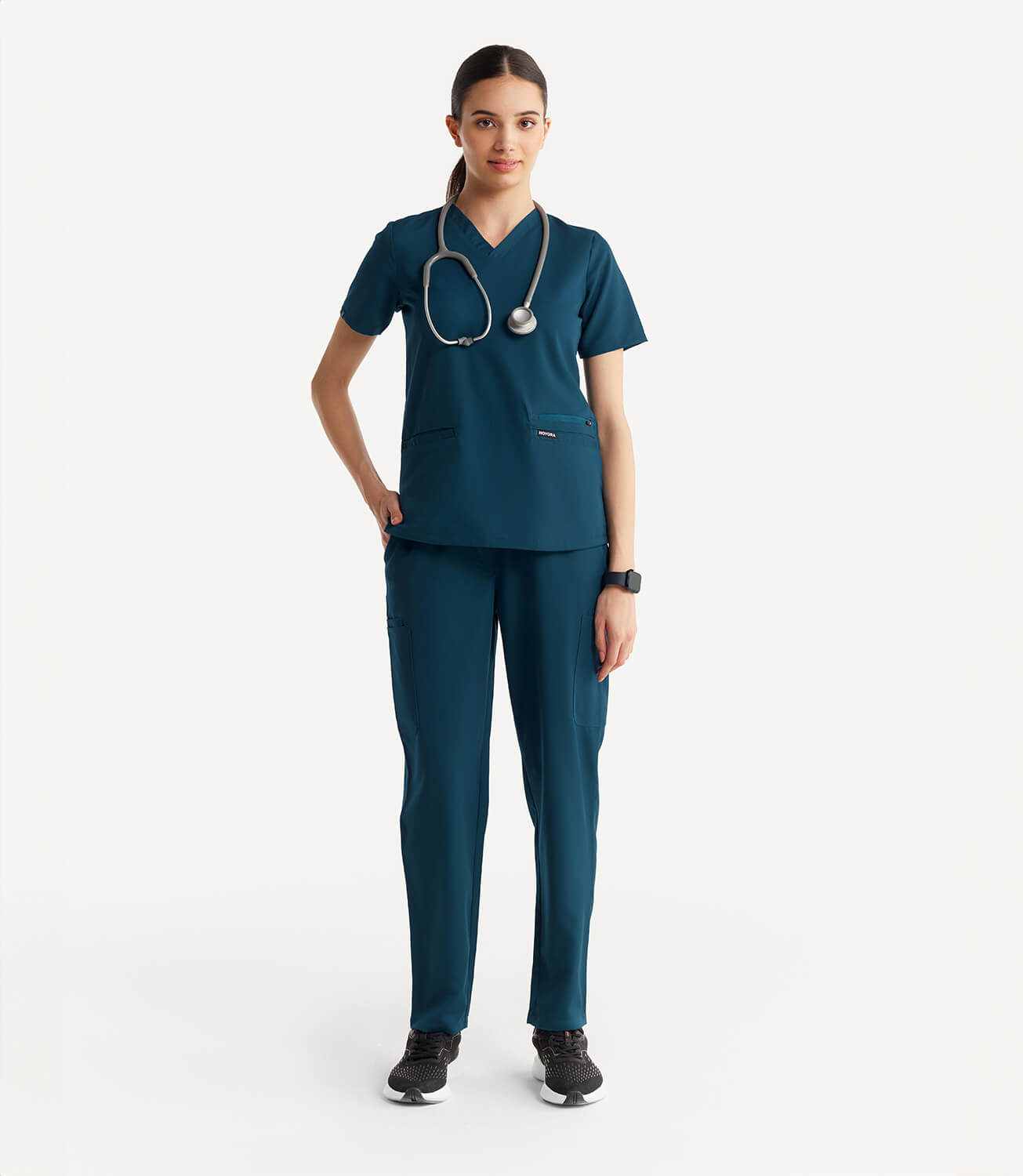 Women Caribbean Blue 11 Pocket Scrubs Stretch Fabric Util Tech Full Front