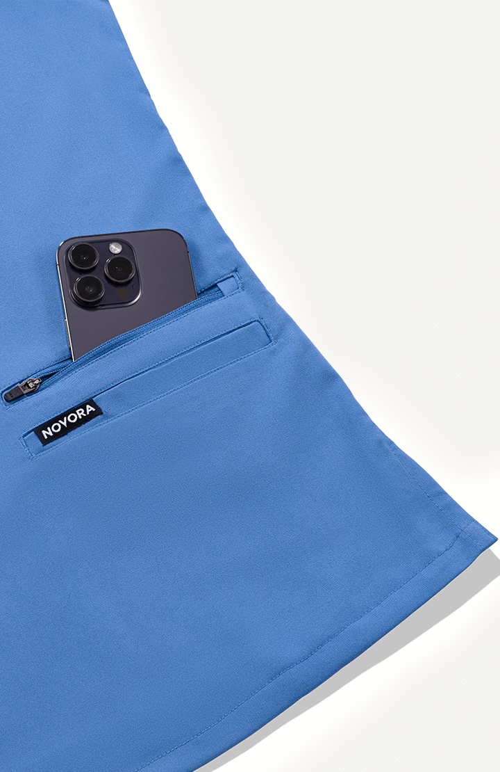 Women Ceil Blue 11 Pocket Scrubs Stretch Fabric Util Tech Zip Pocket Focus