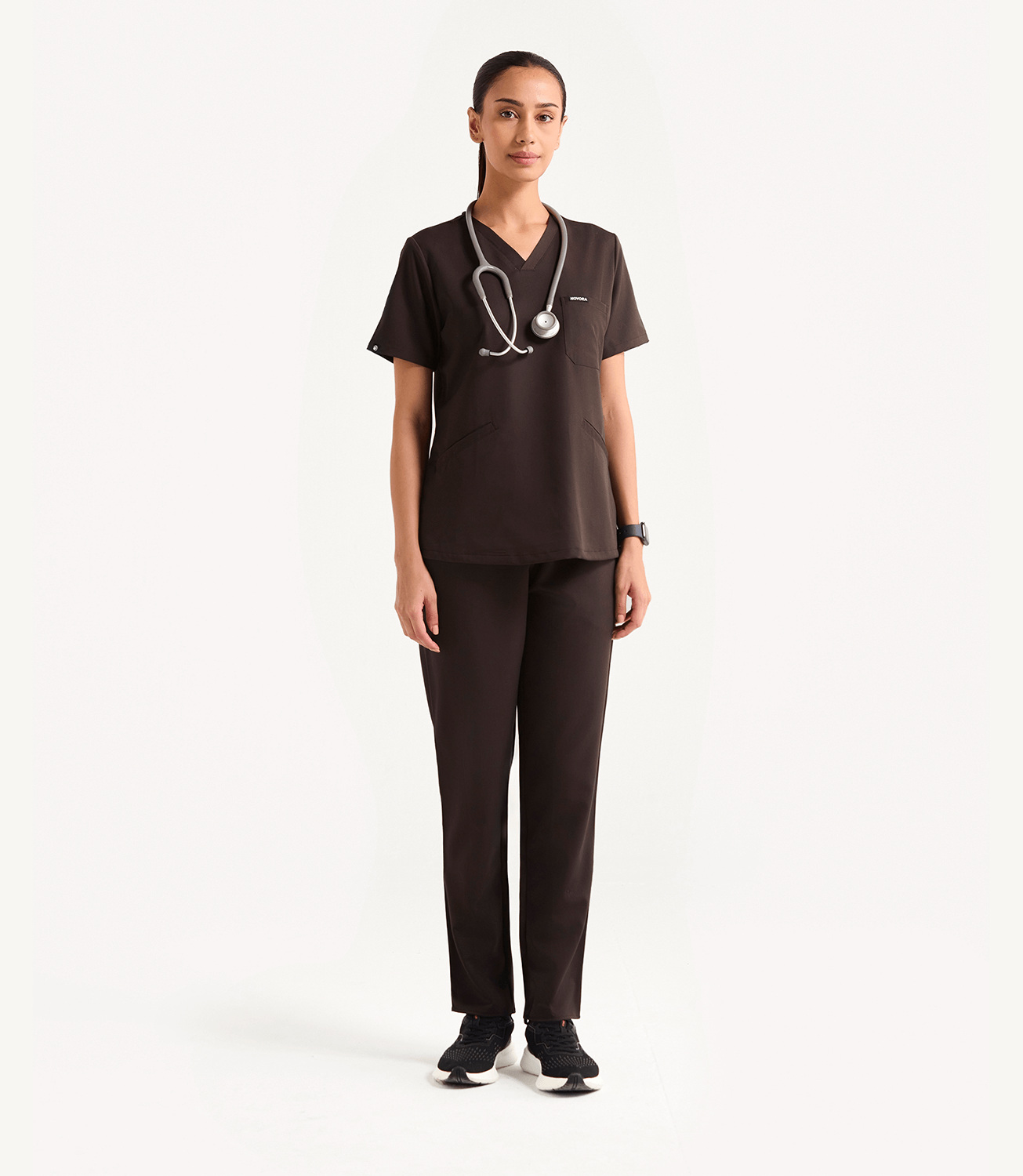Women Espresso 5 Pocket Scrubs Stretch Fabric Technical Full Front