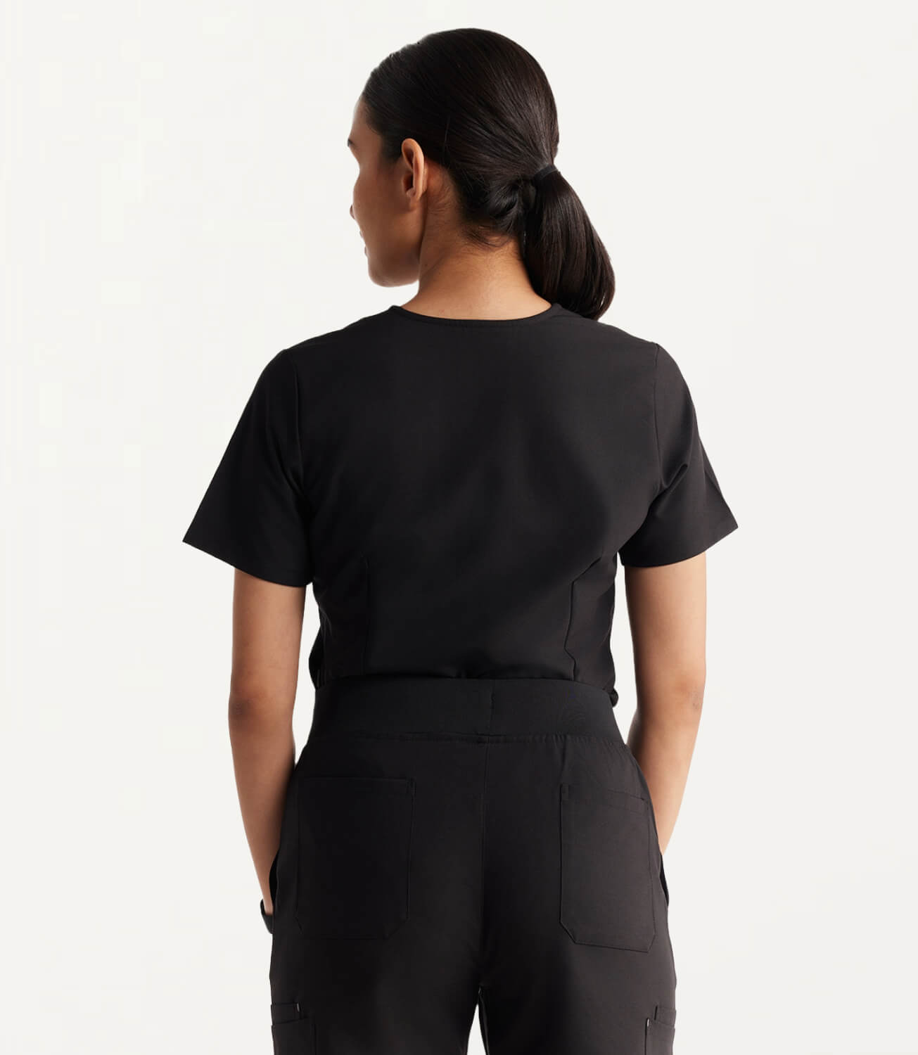 Women Midnight Black 11 Pocket Scrubs Stretch Fabric Eco Tech Back Focus