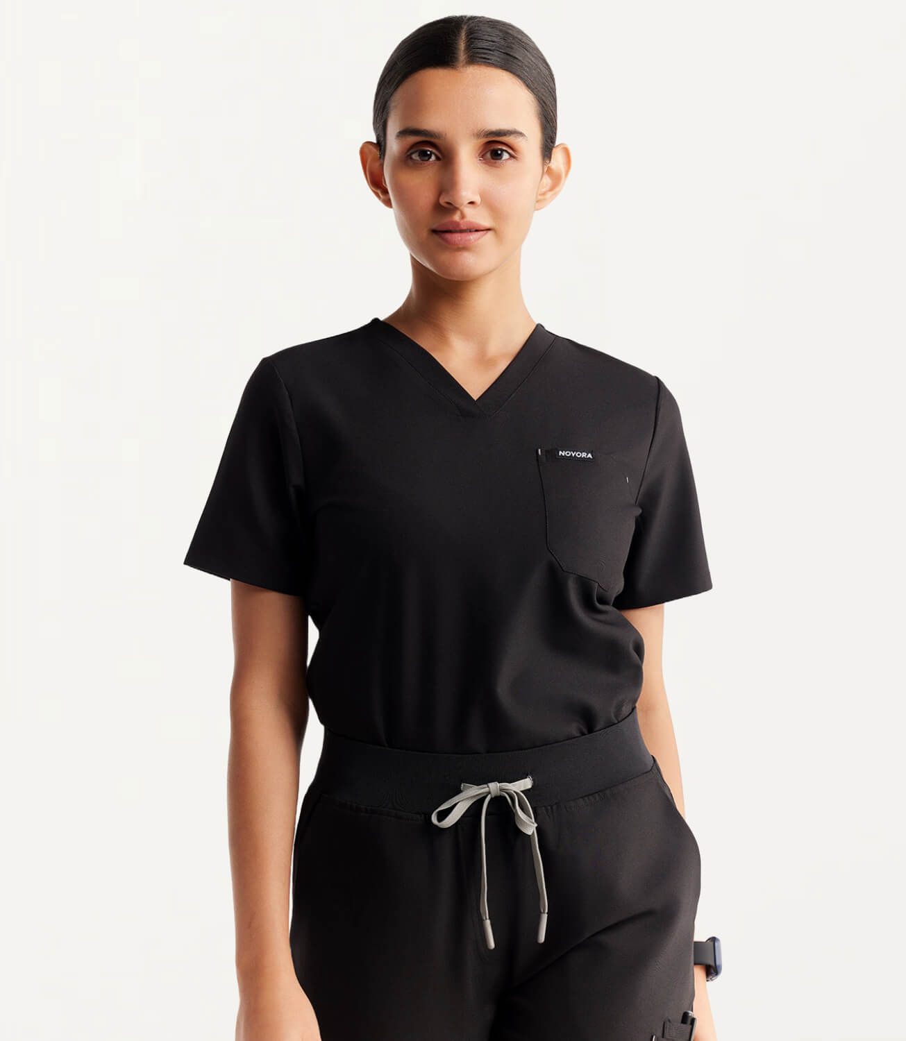 Women Midnight Black 11 Pocket Scrubs Stretch Fabric Eco Tech Front Focus