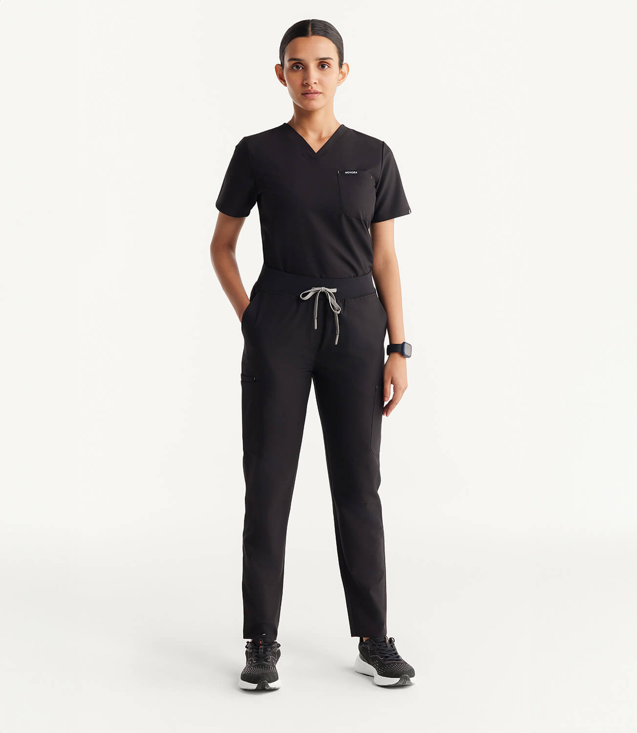 Women Midnight Black 11 Pocket Scrubs Stretch Fabric Eco Tech Full Front
