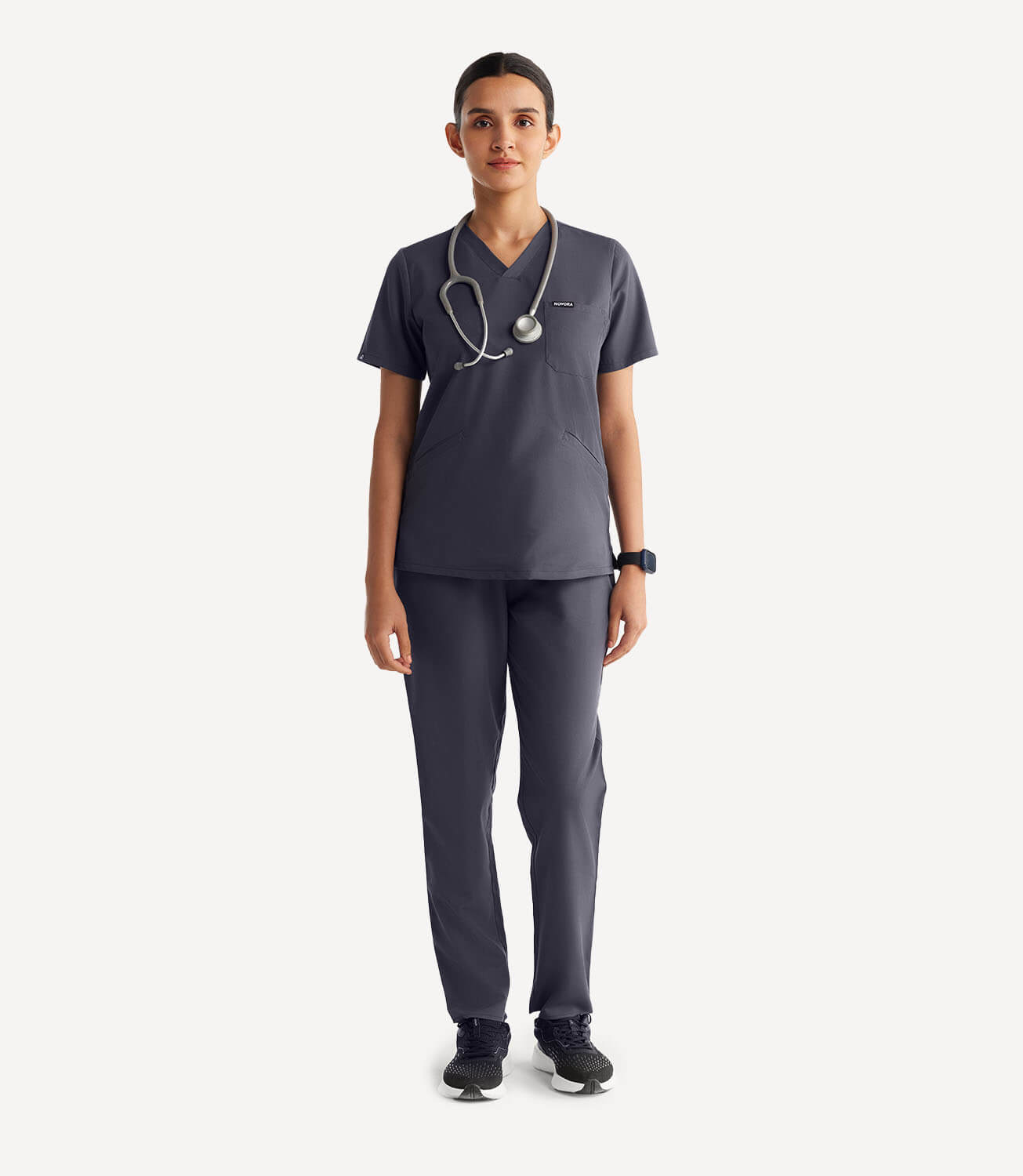 Women Slate Grey 5 Pocket Scrubs Stretch Fabric Technical Full Front