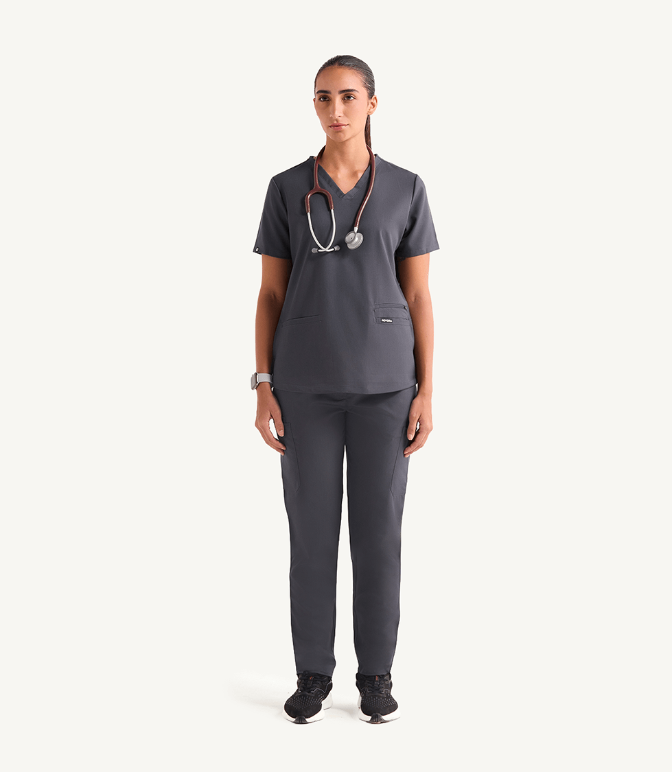 Women Slate Grey 11 Pocket Scrubs Stretch Fabric Util Tech Full Front
