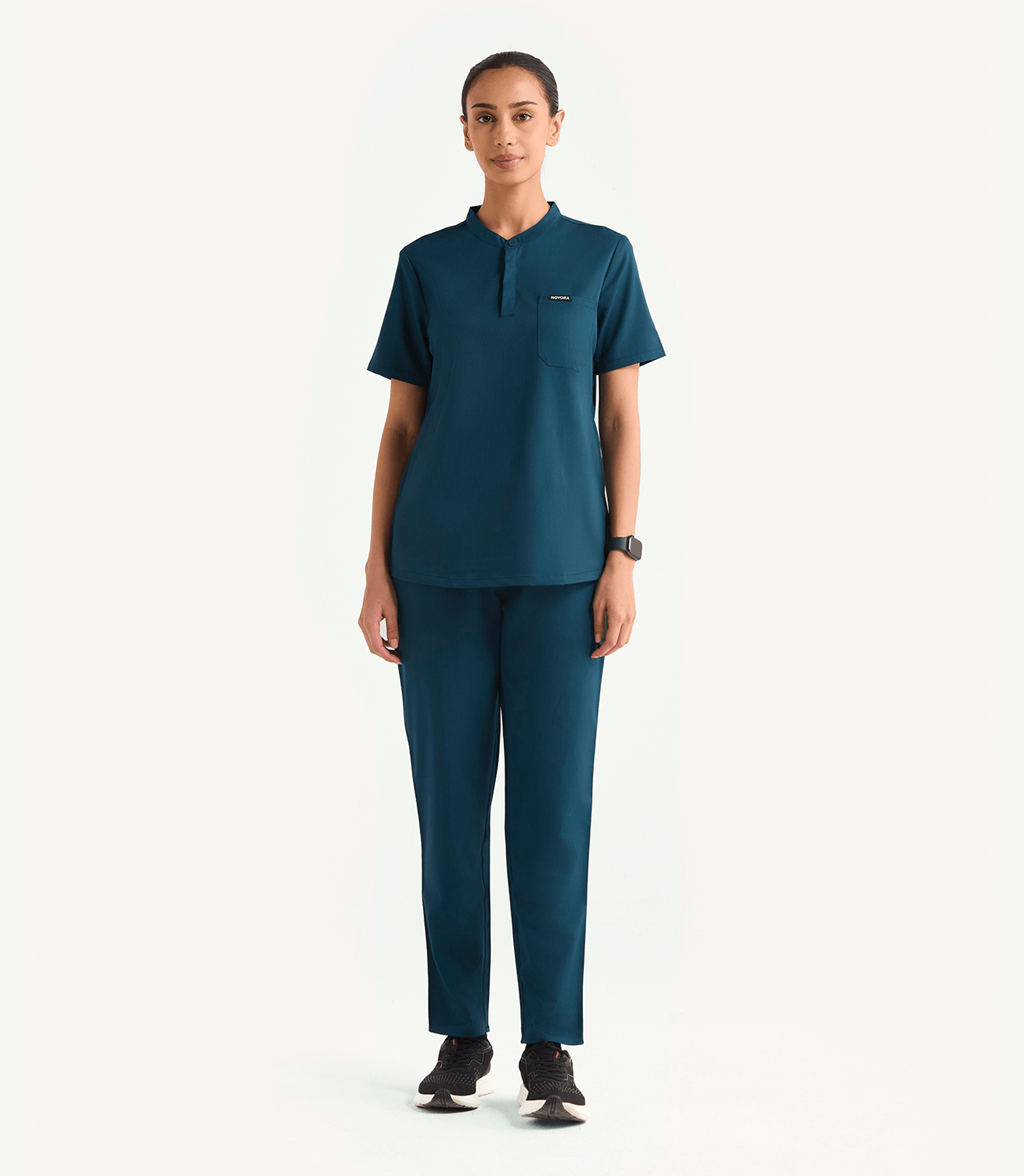 Women Mandarin Caribbean Blue Technical 5 Pocket Scrub Top