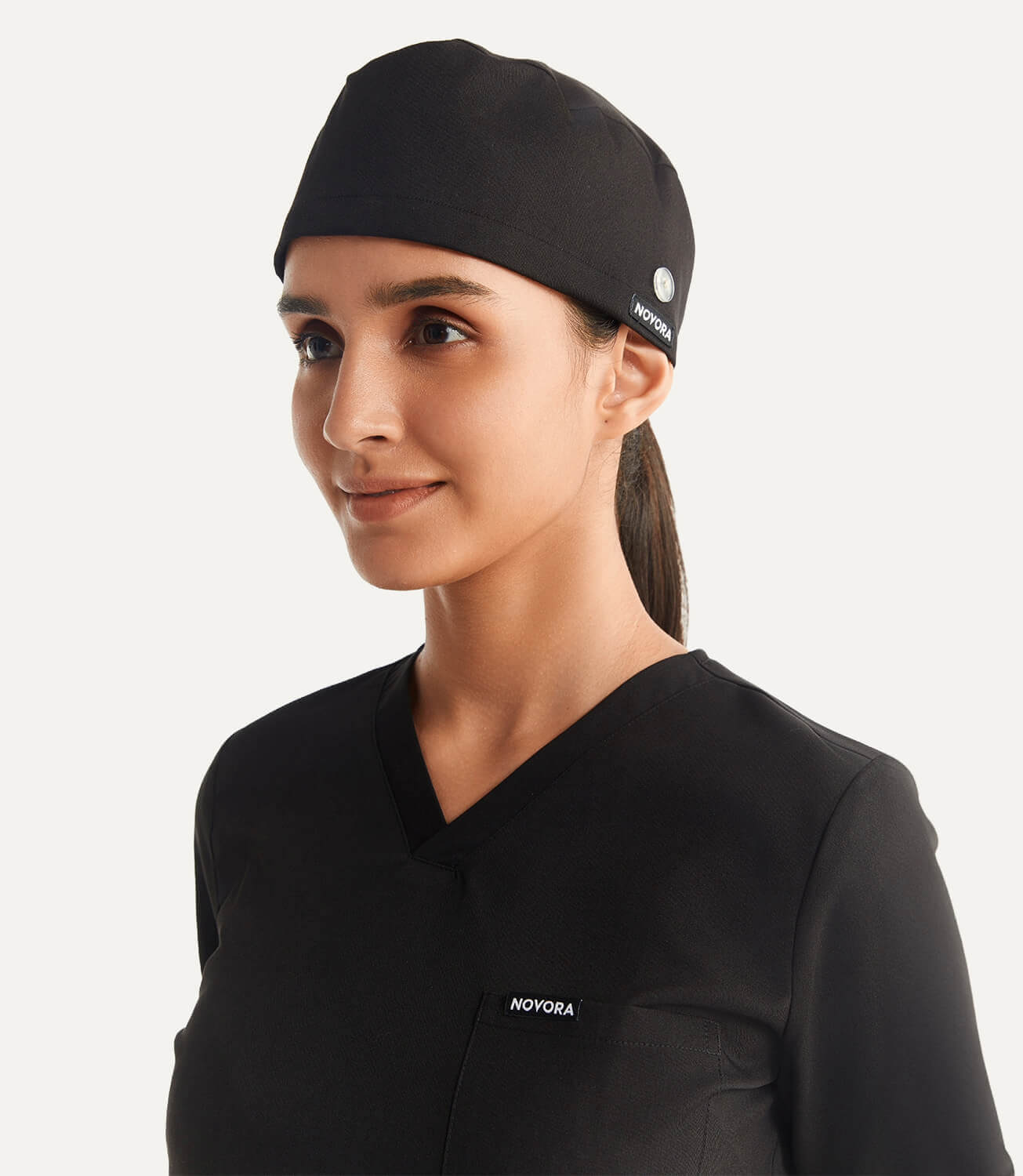 Black Effortless Scrub Cap Stretch Fabric Left Side Focus