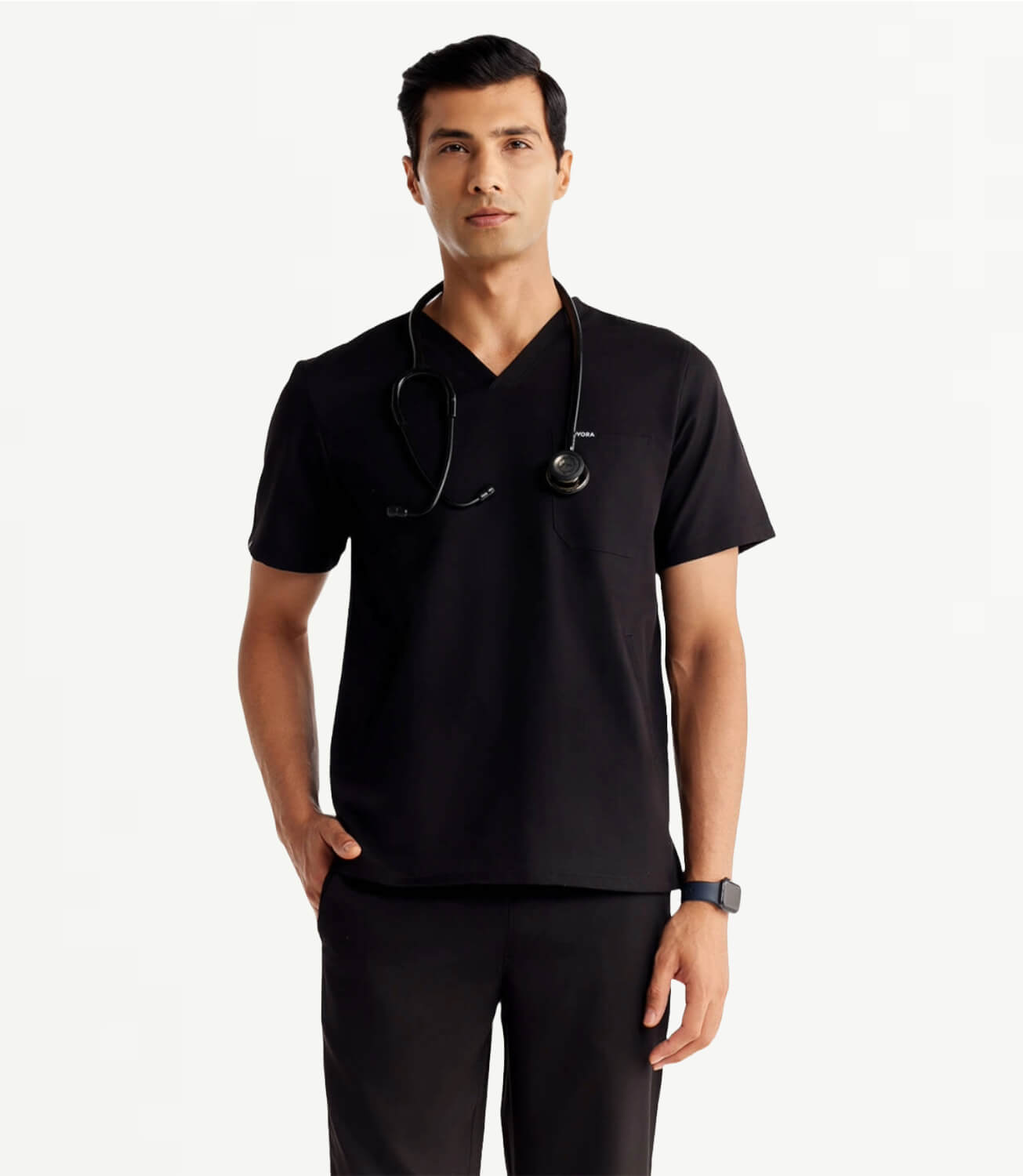 Men Black 5 Pocket Scrubs Stretch Fabric Technical Front Focus