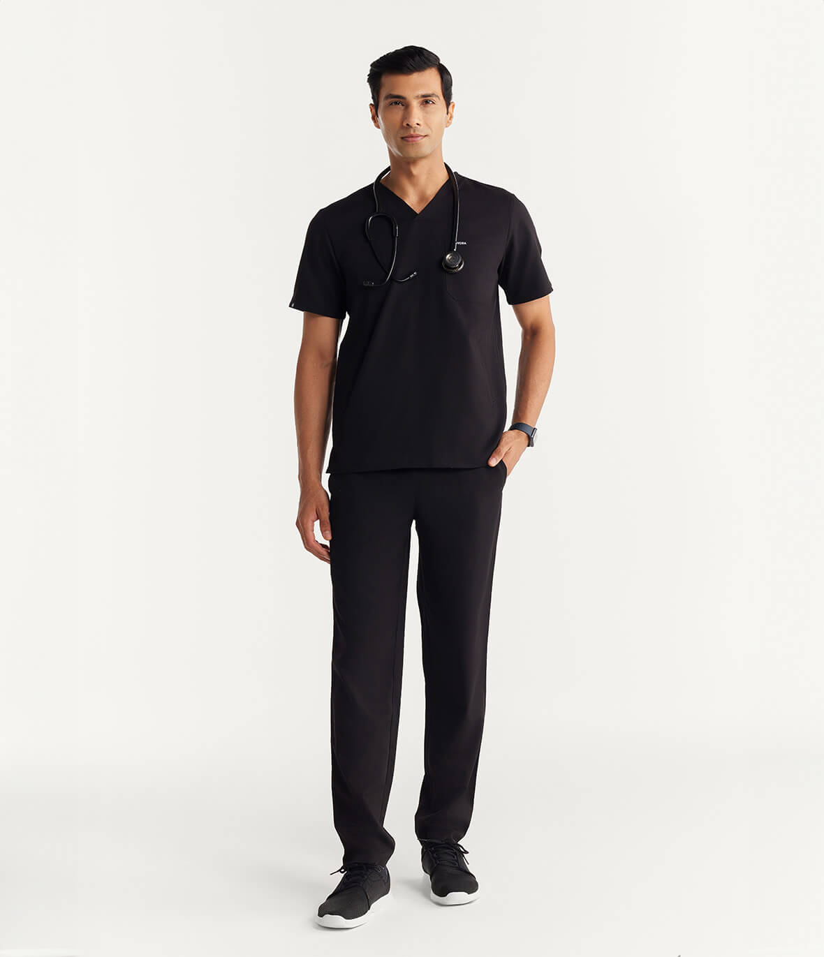 Men Black 5 Pocket Scrubs Stretch Fabric Technical Full Front