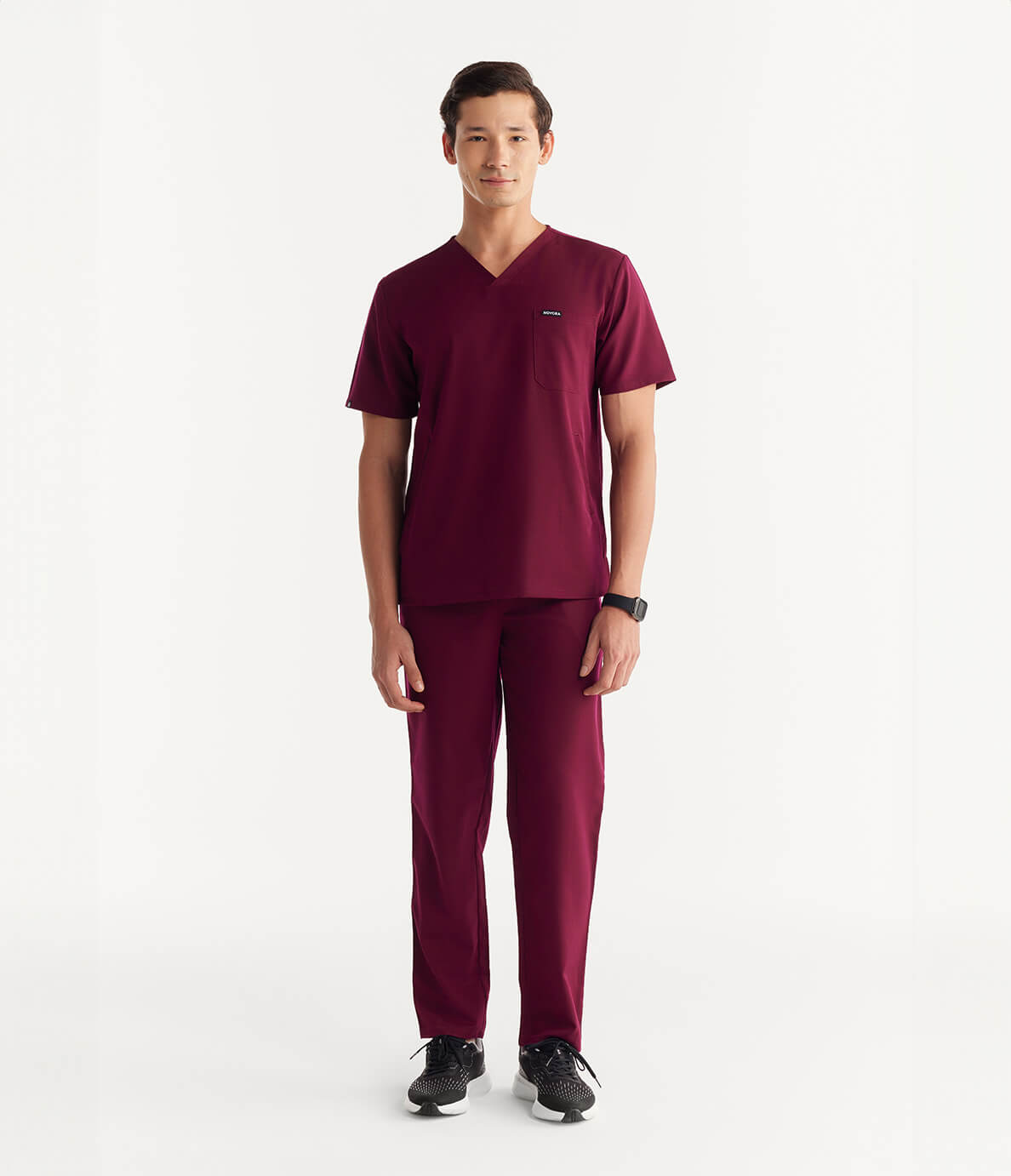 Men Burgundy 5 Pocket Scrubs Stretch Fabric Technical Full Front