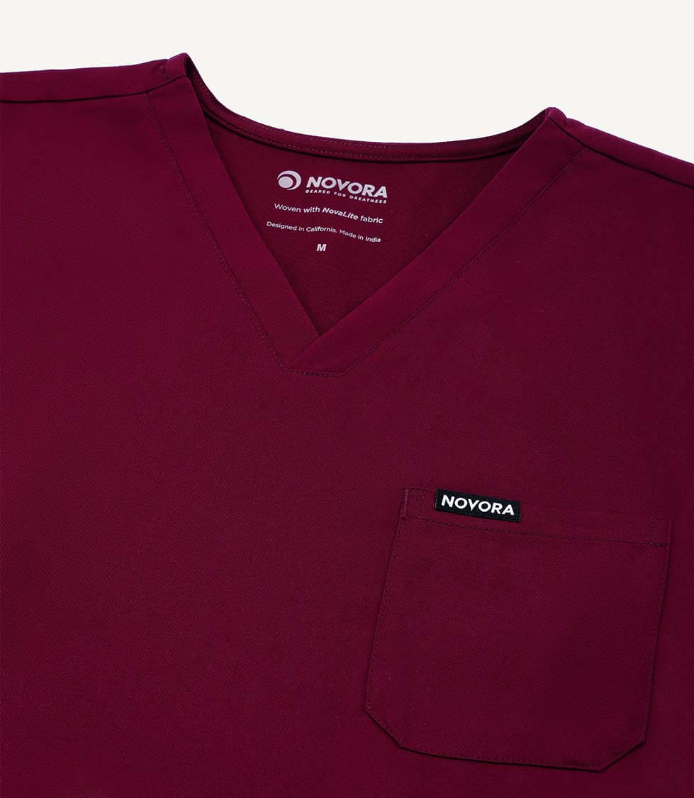 Men Burgundy 5 Pocket Scrubs Stretch Fabric Technical Label Focus