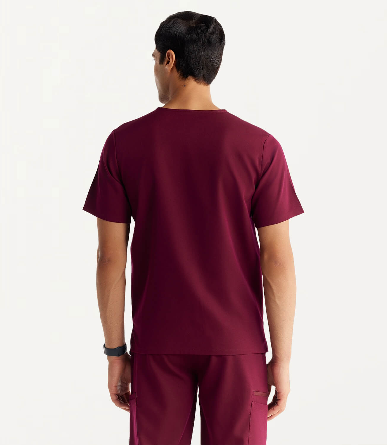 Men Burgundy 11 Pocket Scrubs Stretch Fabric Util Tech Back Focus