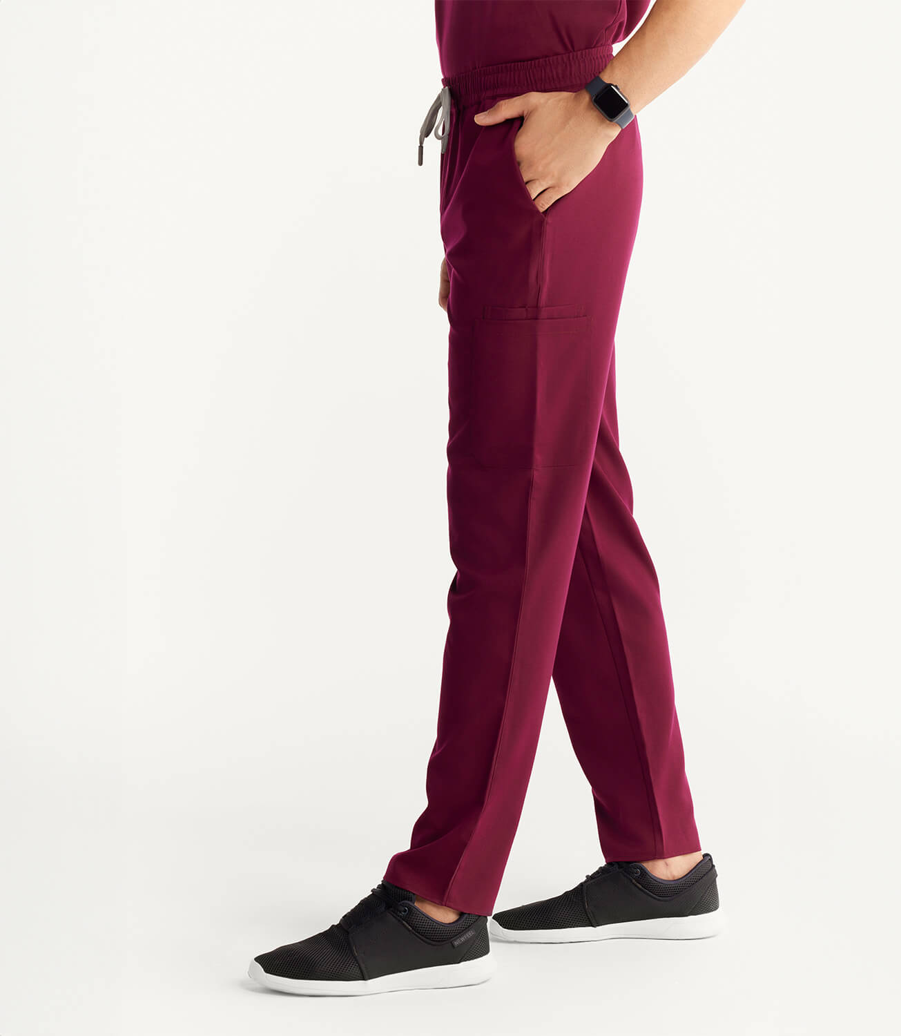 Men Burgundy 11 Pocket Scrubs Stretch Fabric Util Tech Bottom Left Leg Focus