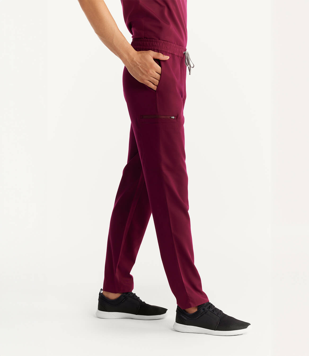Men Burgundy 11 Pocket Scrubs Stretch Fabric Util Tech Bottom Right Leg Focus