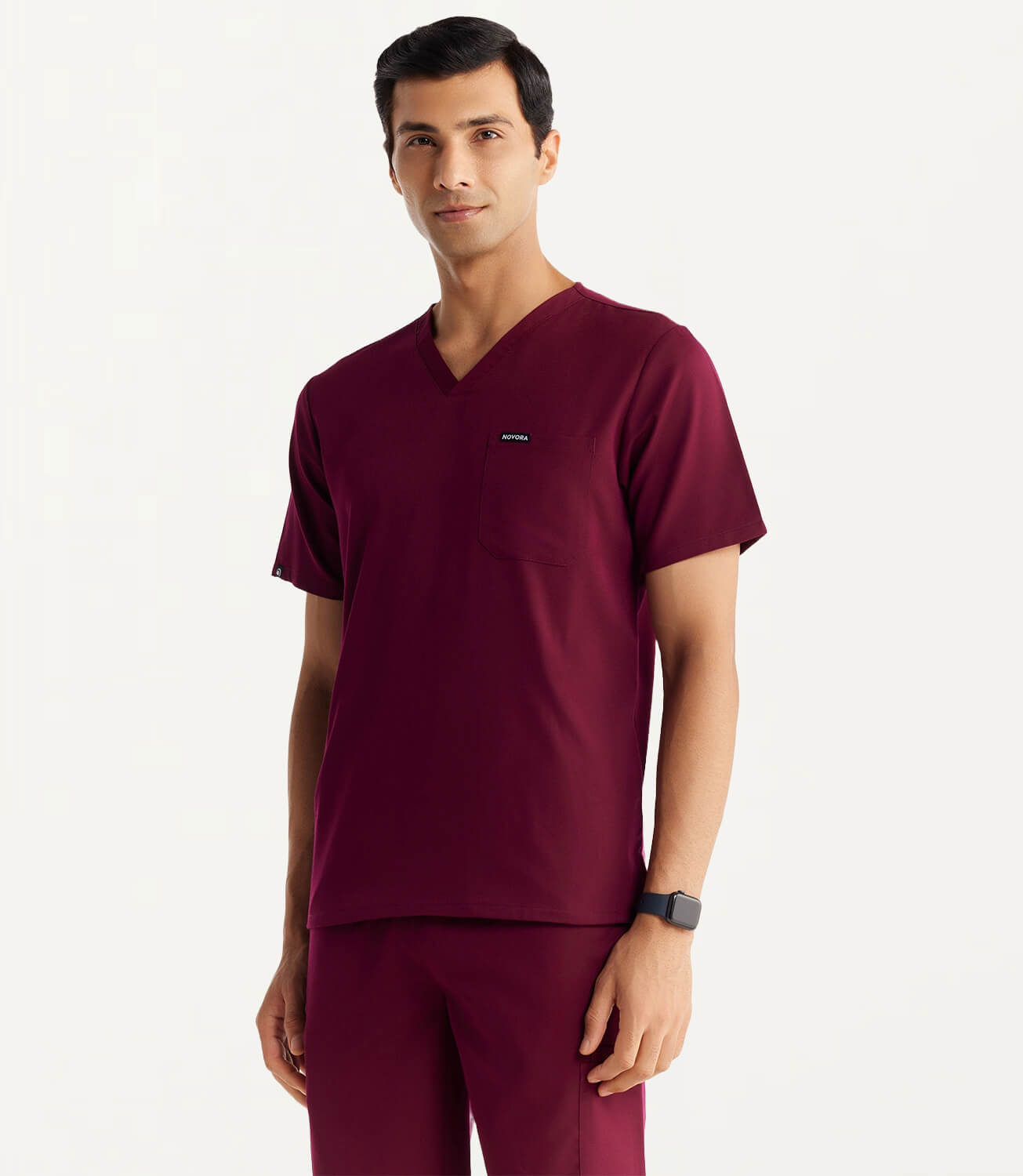 Men Burgundy 11 Pocket Scrubs Stretch Fabric Util Tech Front Focus