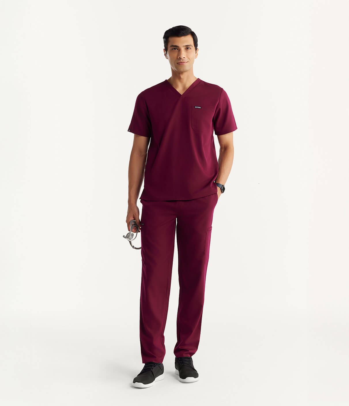 Men Burgundy 11 Pocket Scrubs Stretch Fabric Util Tech Full Front