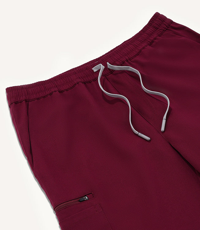 Men Burgundy 11 Pocket Scrubs Stretch Fabric Util Tech Zip Pocket Focus
