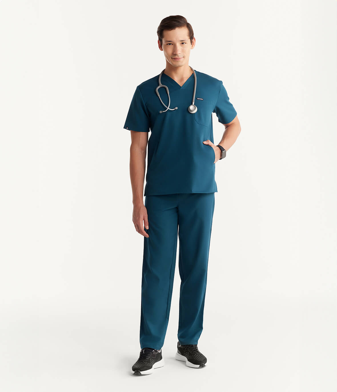 Men Caribbean Blue 5 Pocket Scrubs Stretch Fabric Technical Full Front