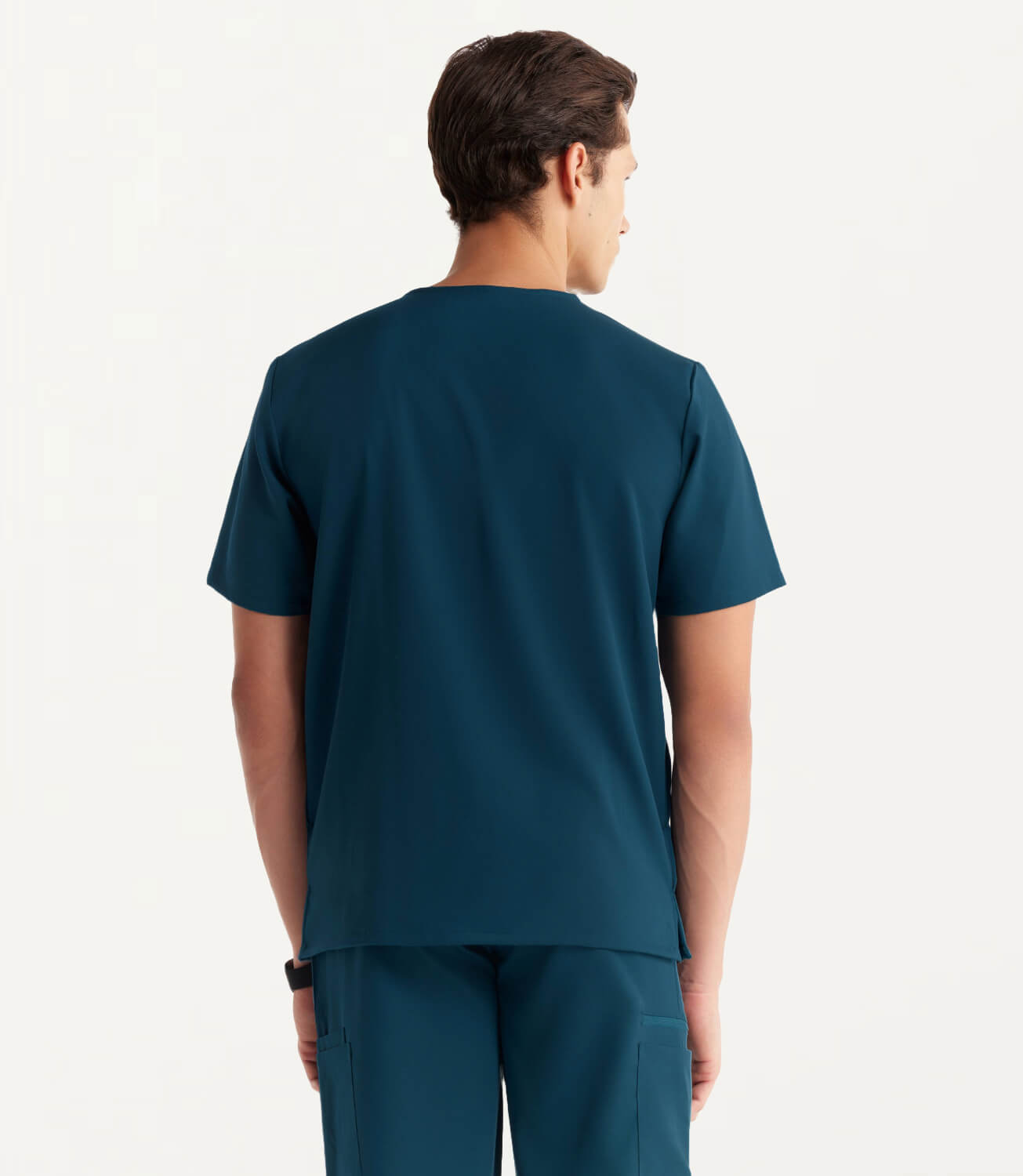 Men Caribbean Blue 11 Pocket Scrubs Stretch Fabric Util Tech Back Focus