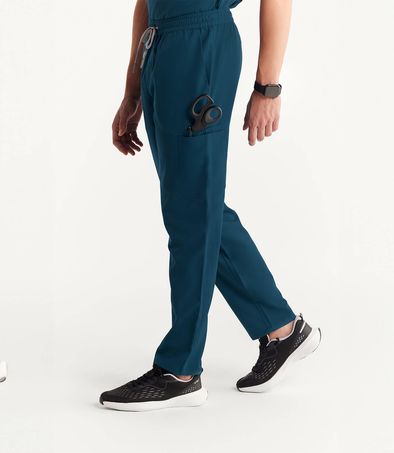 Men Caribbean Blue 11 Pocket Scrubs Stretch Fabric Util Tech Bottom Left Leg Focus