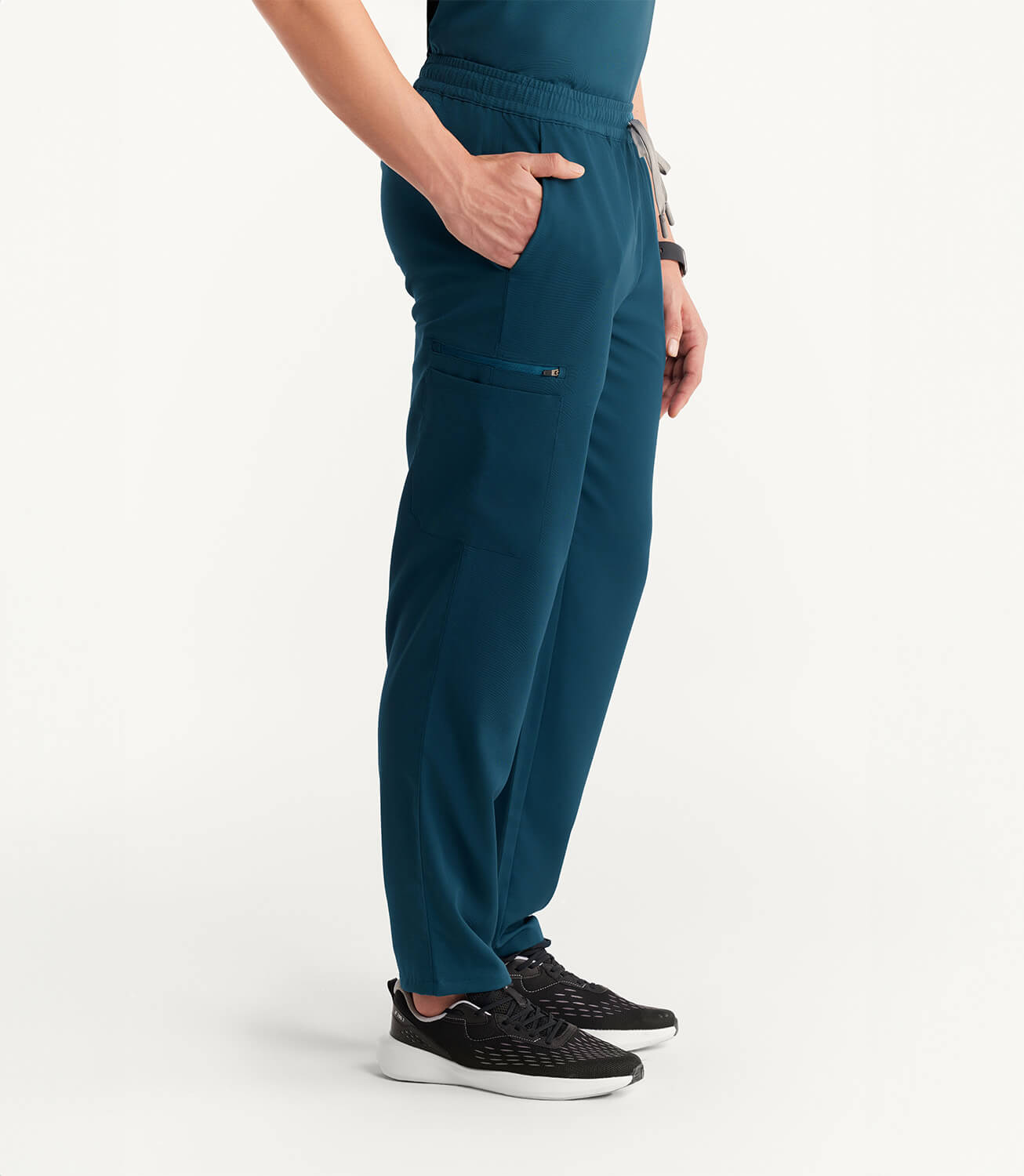 Men Caribbean Blue 11 Pocket Scrubs Stretch Fabric Util Tech Bottom Right Leg Focus