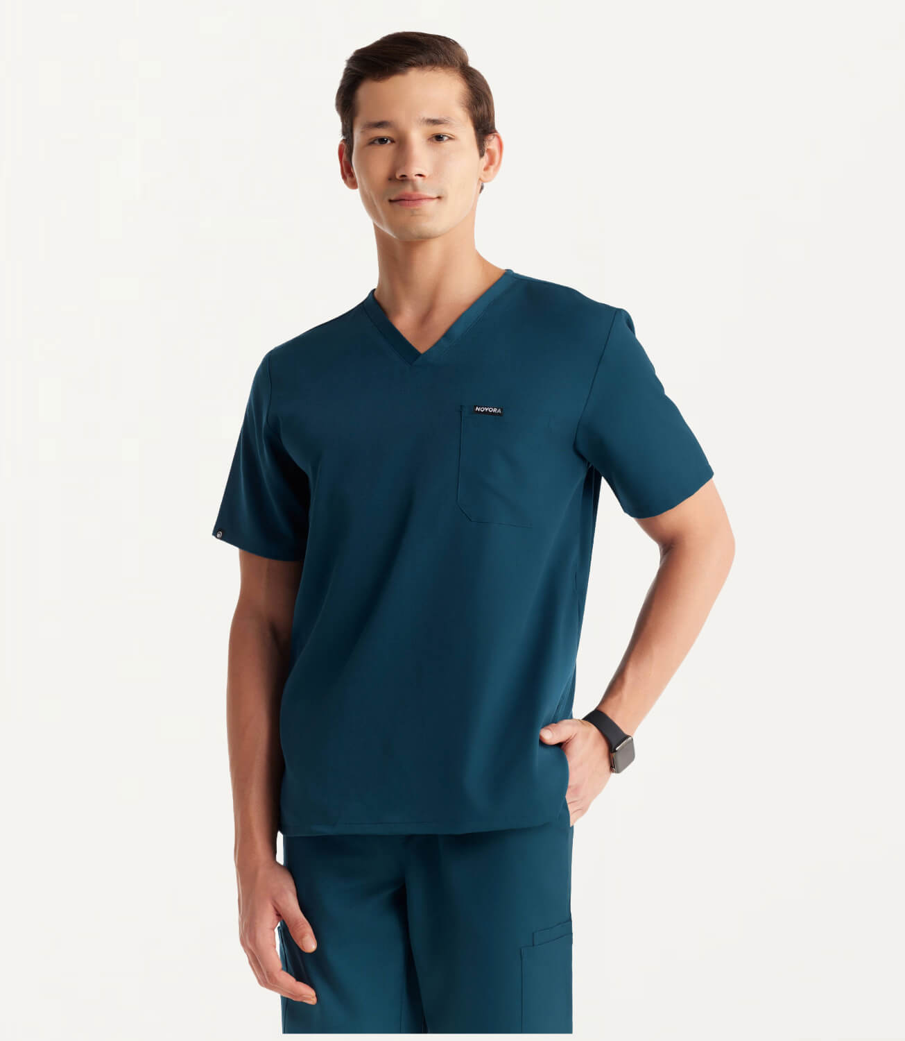 Men Caribbean Blue 11 Pocket Scrubs Stretch Fabric Util Tech Front Focus