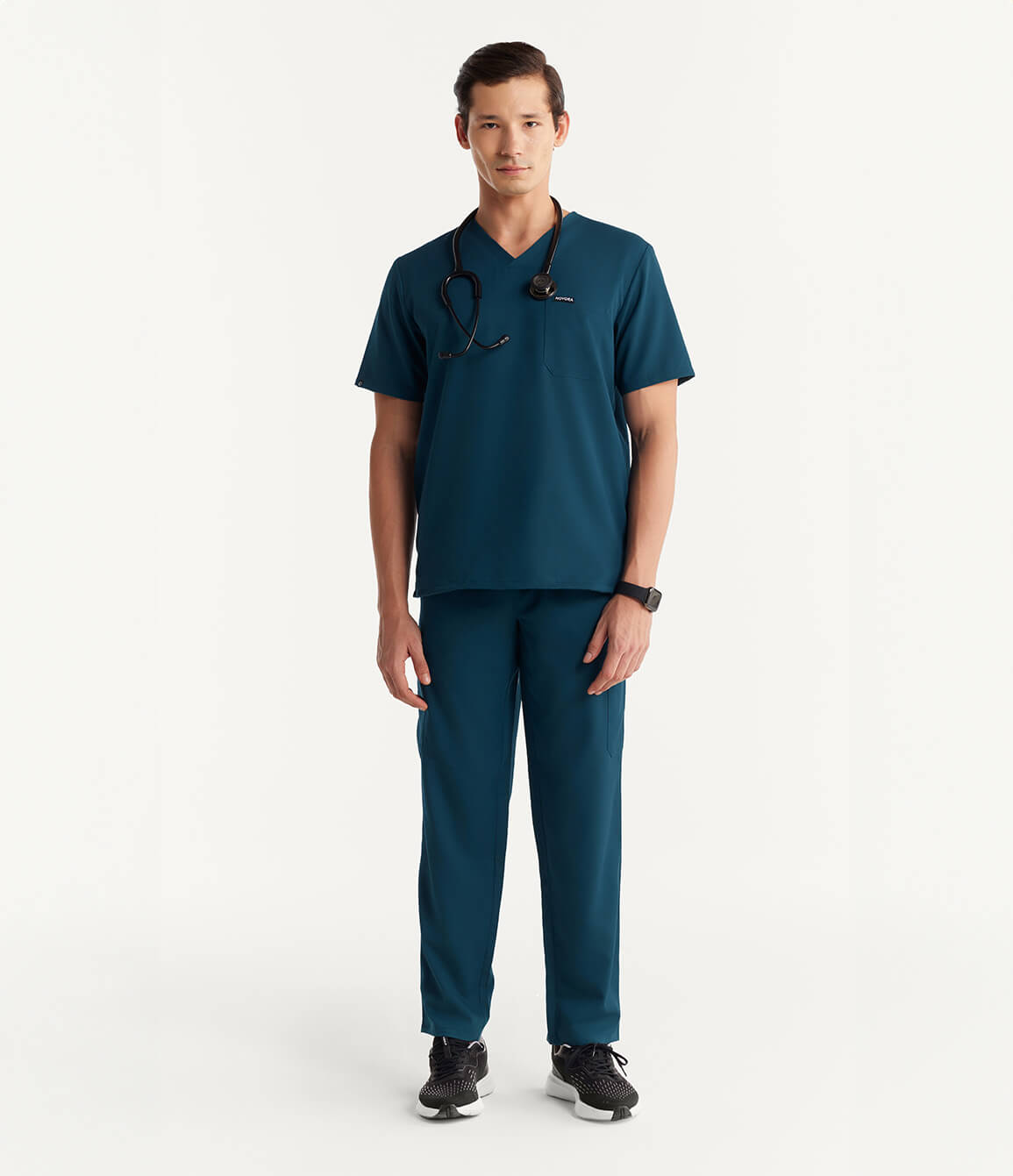 Men Caribbean Blue 11 Pocket Scrubs Stretch Fabric Util Tech Full Front