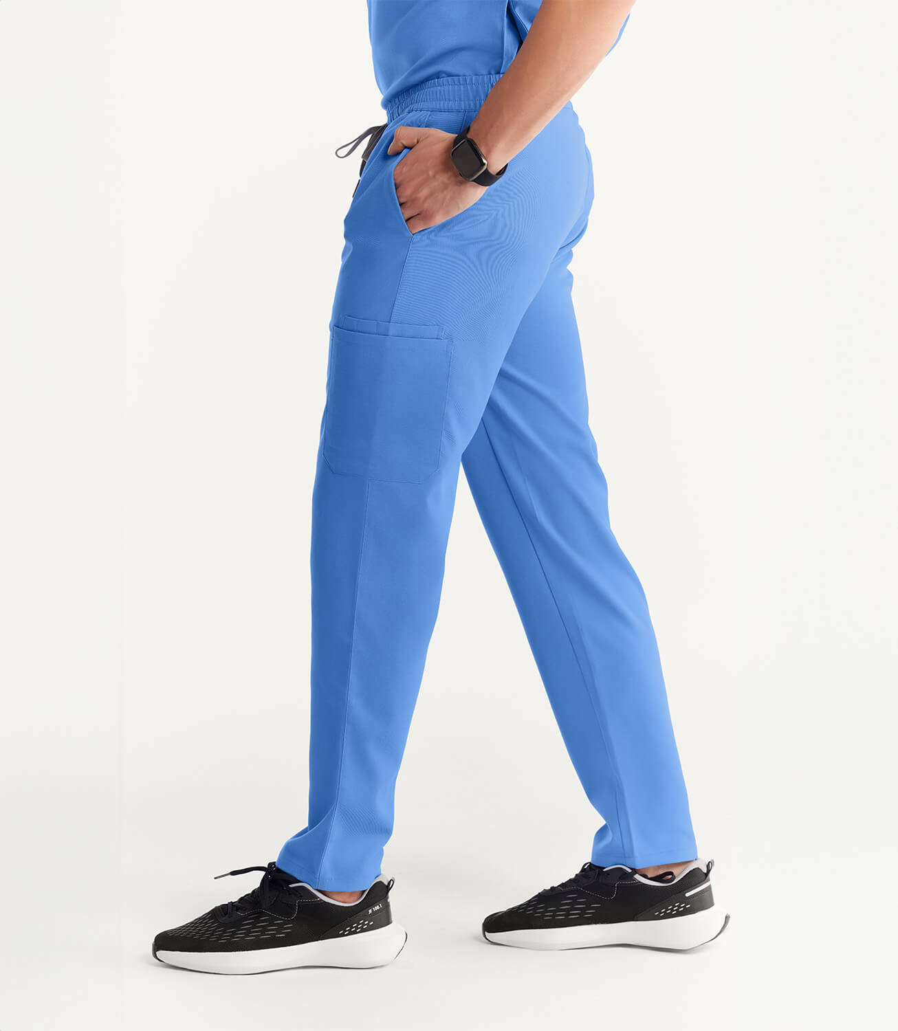 Men Ceil Blue 11 Pocket Scrubs Stretch Fabric Util Tech Bottom Left Leg Focus