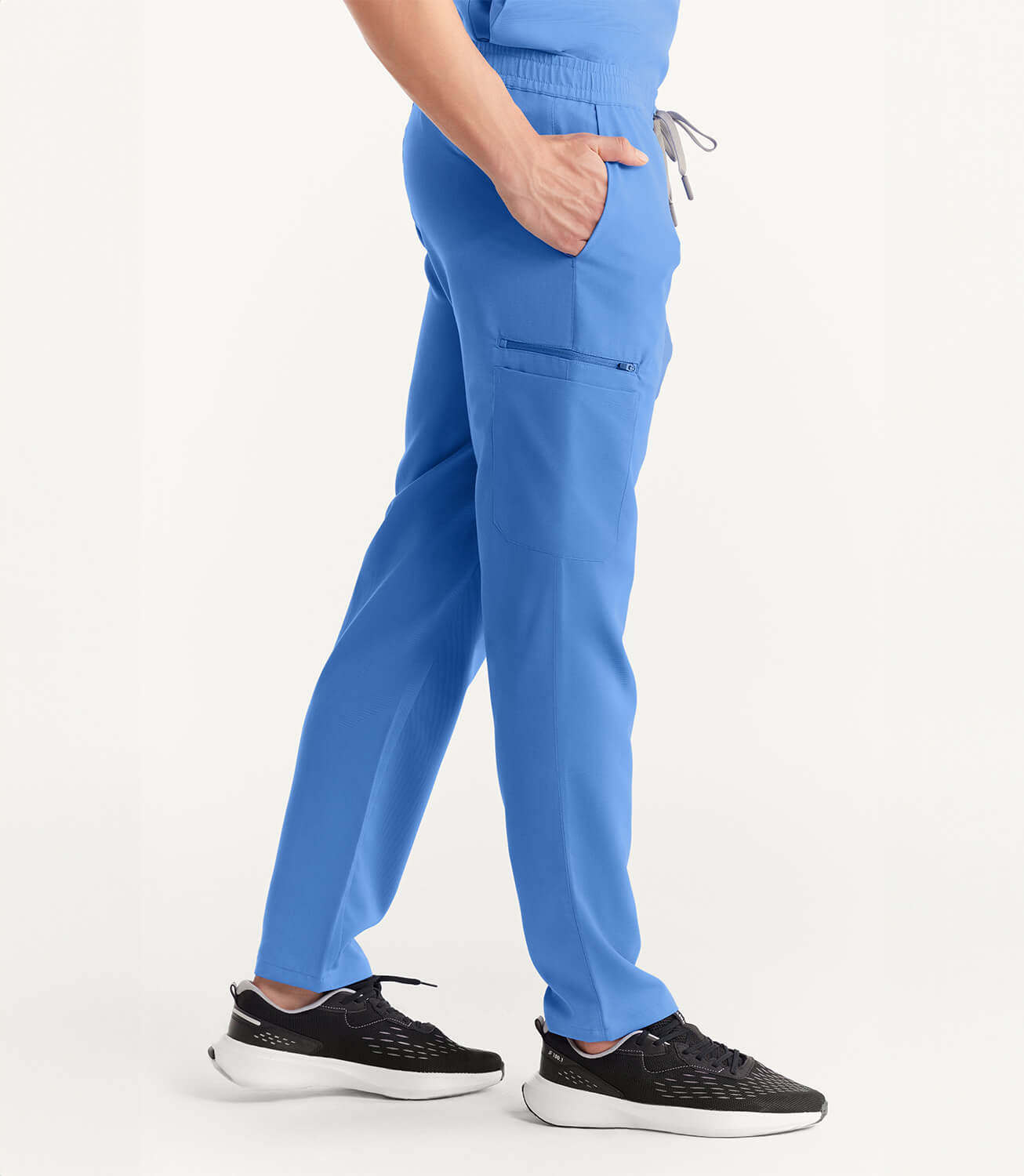 Men Ceil Blue 11 Pocket Scrubs Stretch Fabric Util Tech Bottom Right Leg Focus